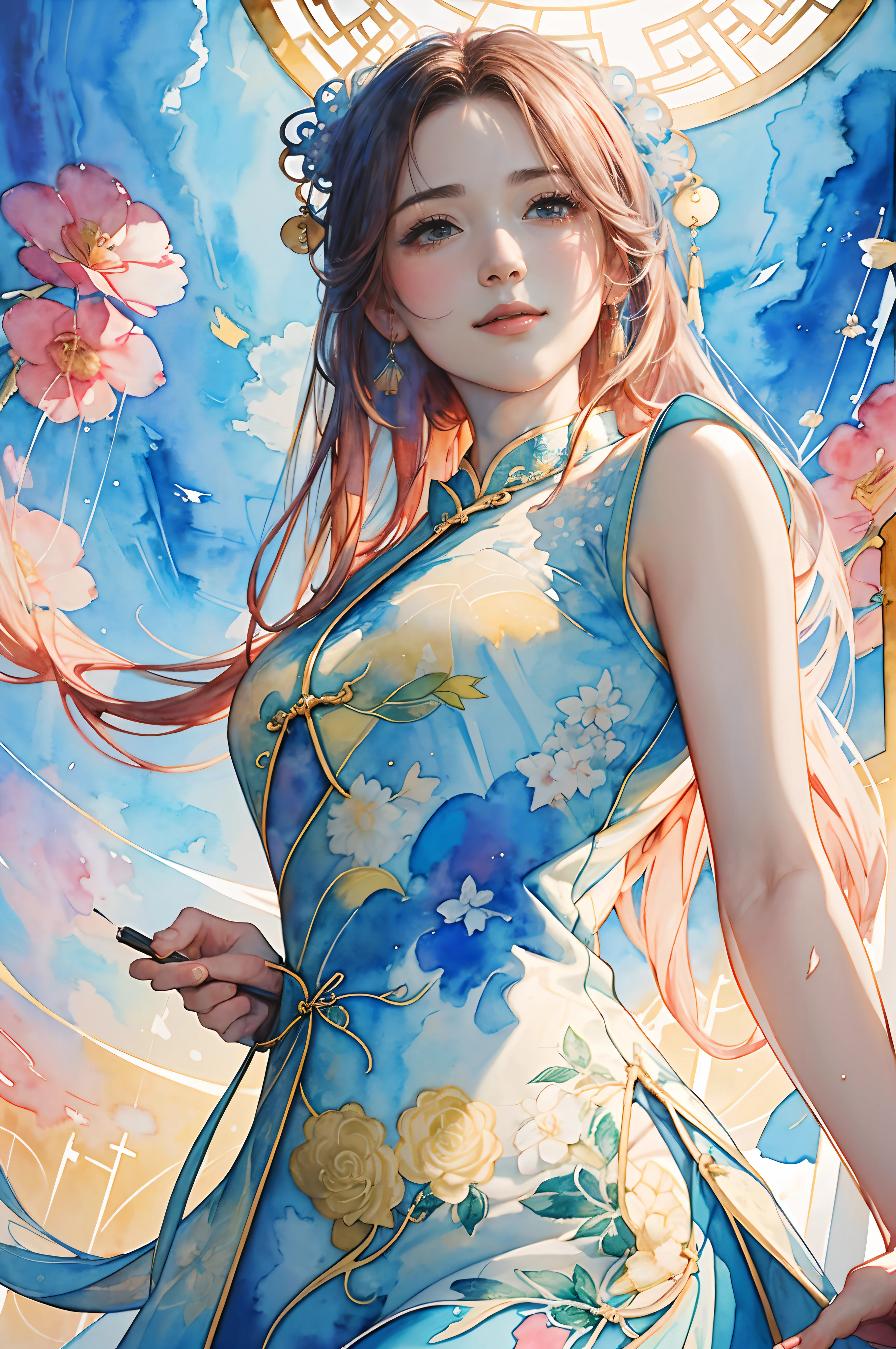 8K,masterpiece,top-quality, (From below:1.6) ,Dynamic Pose,30-year-old woman with,Portrait, light, Long hair, ssmile, watercolor paiting \(Medium\),watercolor paiting,(Cheongsam that adheres to the body:1.3)