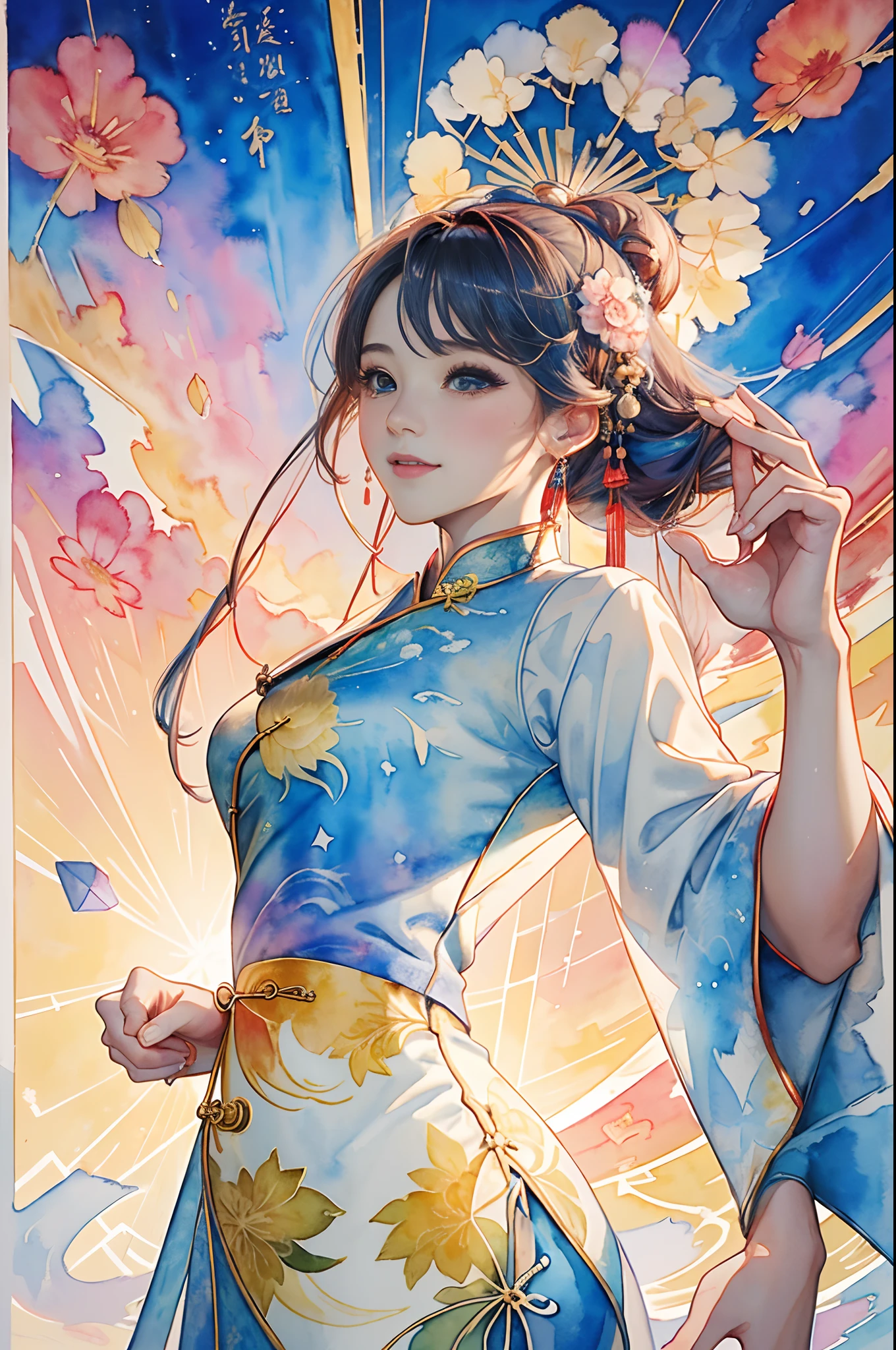 8K,masterpiece,top-quality, (From below:1.6) ,Dynamic Pose,30-year-old woman with,Portrait, light, Long hair, ssmile, watercolor paiting \(Medium\),watercolor paiting,(Cheongsam that adheres to the body:1.3)
