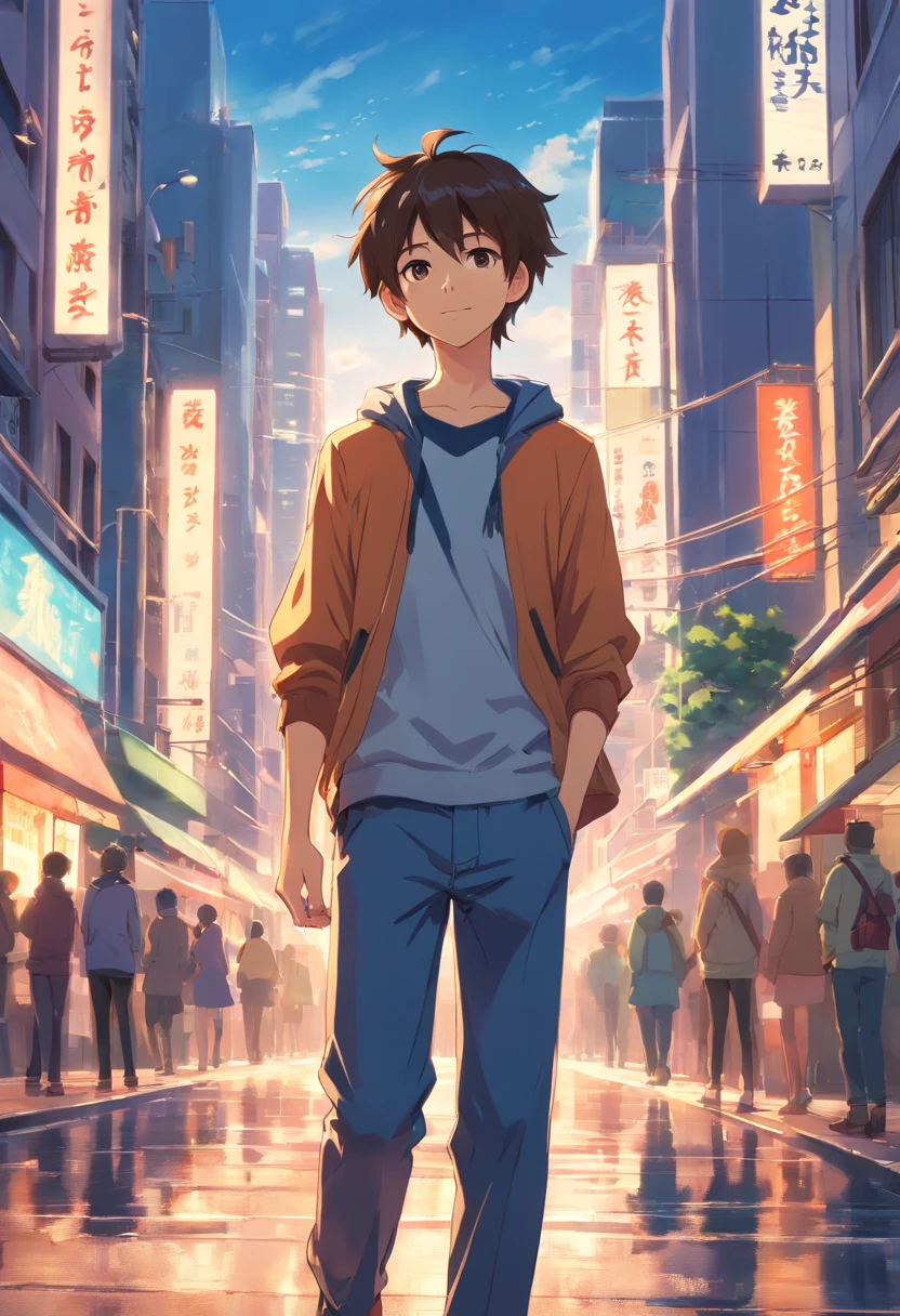 A boy, transformed into an anime style, with exaggerated unique facial features and clothing, standing on a bustling city street, backlit background highlighting the subject, high-contrast colors, 4K high-definition quality,young, smiling, handsome