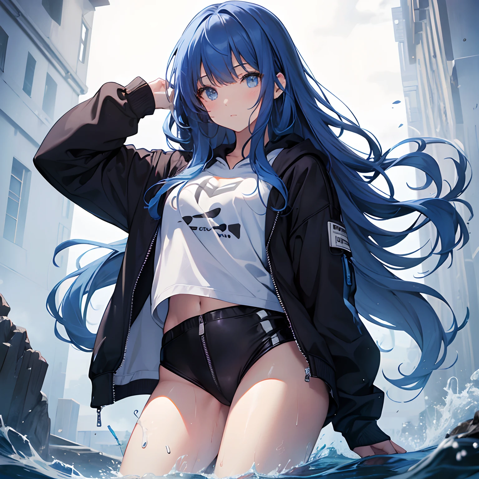 1womanl, Solo, 24 year old, (cute face), ((Composition from head to thigh)), Blue Long Hair, white t-shirts、Black Zip Up Hoodie、Sateen、shelter、getting wet、dark、((Anatomically correct))