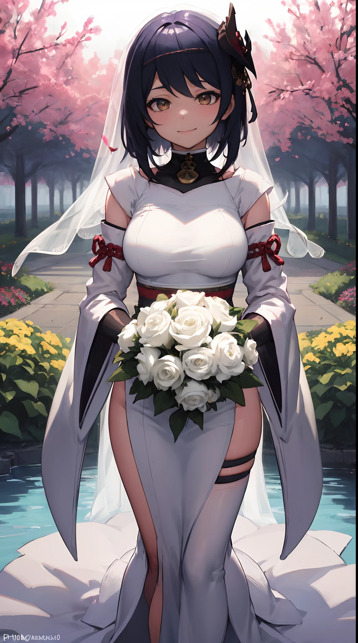 cutesexyrobutts style, 1girl, umbrella, rose, bird, solo, flower, dress, thighhighs, wedding_dress, high_heels, red_rose, white_dress, dove, white_thighhighs, veil, gloves, breasts, bare_shoulders, full_body, red_flower, sitting, closed_umbrella, cleavage, bouquet, long_hair, eyepatch, holding, elbow_gloves, closed_mouth, purple_hair, bangs, white_flower, looking_at_viewer, white_gloves, petals, feathers, cloud