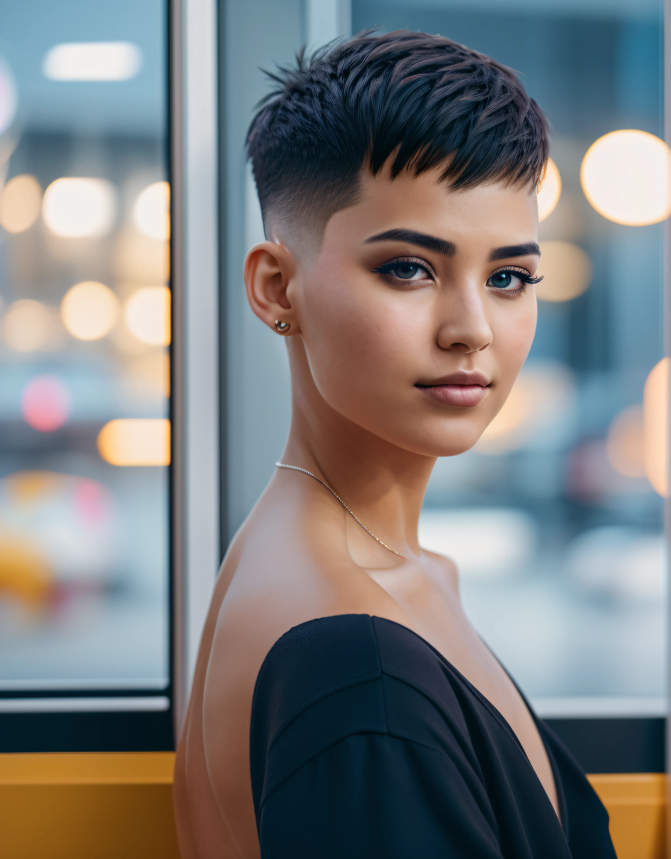 Portrait photo of stylish beautiful girl in future convenience store, Asymmetrical haircut, cyberpunk aesthetics, Heavenly beauty, 8K, 50mm, f/1. 4, high detail, sharp-focus, Cowboy shot, perfect anatomy, Hands Behind Your Back, Sunlight on her face, Sunset, From the side of the window