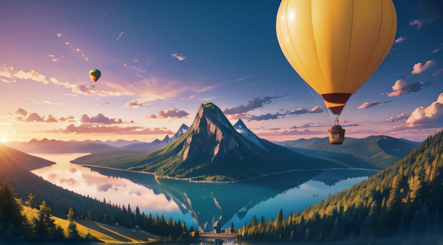 view many birds flying next a Air yellow balloon, close up, back lens, Pixar Movie Style, best quality, Cinematic Movie Still, very cute, amazing forest, lake on ground, mountains on horizon, amazing sunset