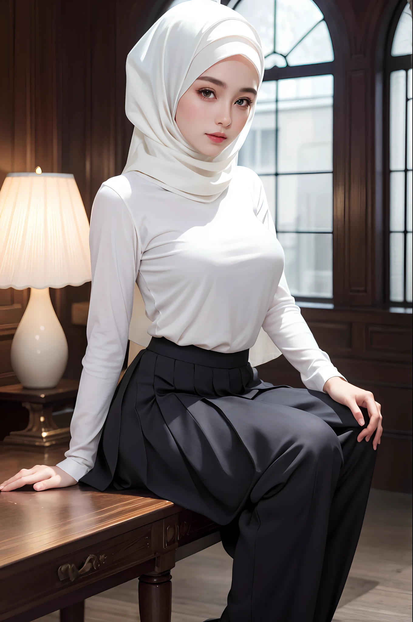 naughty, (iu:0.8),cleavage, RAW, Best quality, high resolution, Masterpiece: 1.3, Beautiful glasses pearl_skinned sexy hijabi malaysian wearing high slit skirt,  the side parted skirt shows the thighs,  Masterpiece, Soft smile