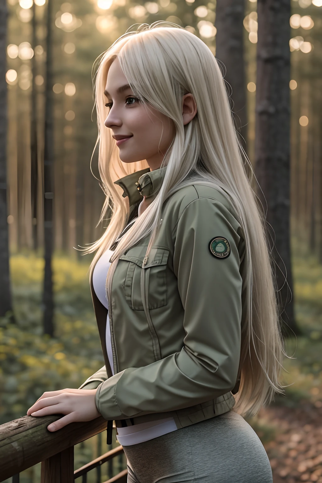 1girl in, age19, Solo, Aesthetic artwork, platinum blonde hair, long straight hair, detailed hair, full c cup breasts, c-cup, slender body, Full body, detailed skin texture, cute smile, side profile, exploring forest trail, wearing green khaki jacket, light green jacket, wearing white undershirt, gray leggings, faded grey pants, (extremely detailed 8k wallpaper), soft lighting, high quality, film grain, Fujifilm XT3 sharp focus, f 5.6, 50mm, High Detail, Sharp focus,(misty light), (seductive), Realistic, ultra realistic, photo realistic