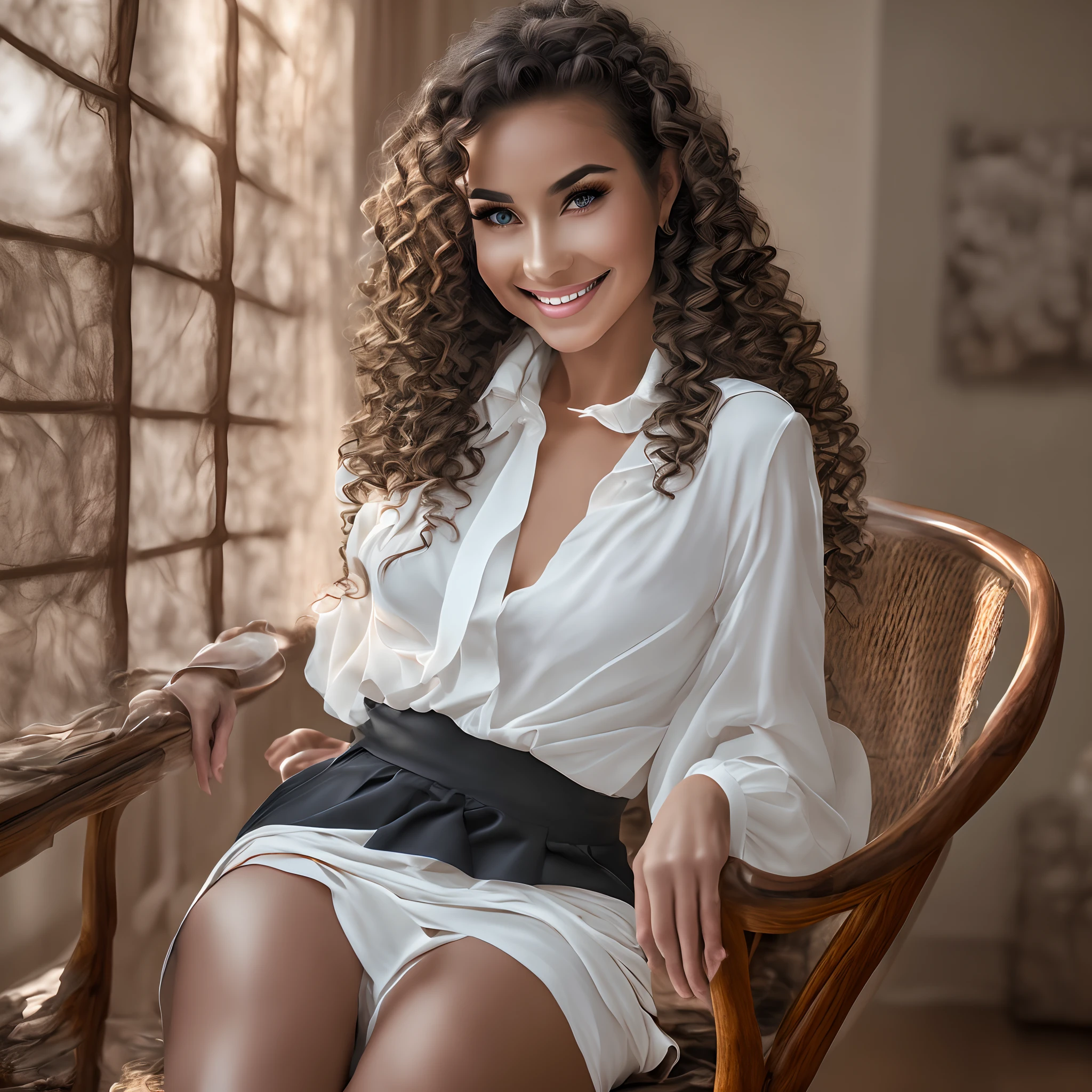 (masterpiece, best quality, hires, high resolution:1.2), extremely detailed, realistic, 1girl, hazel eyes, chocolate hair, Waterfall Braid with Curls, straddling chair, hand on face, white blouse, black skirt, panty peek, cameltoe, looking at viewer, light smile, blush, cinematic lighting, indoors, straddling chair --auto --s2