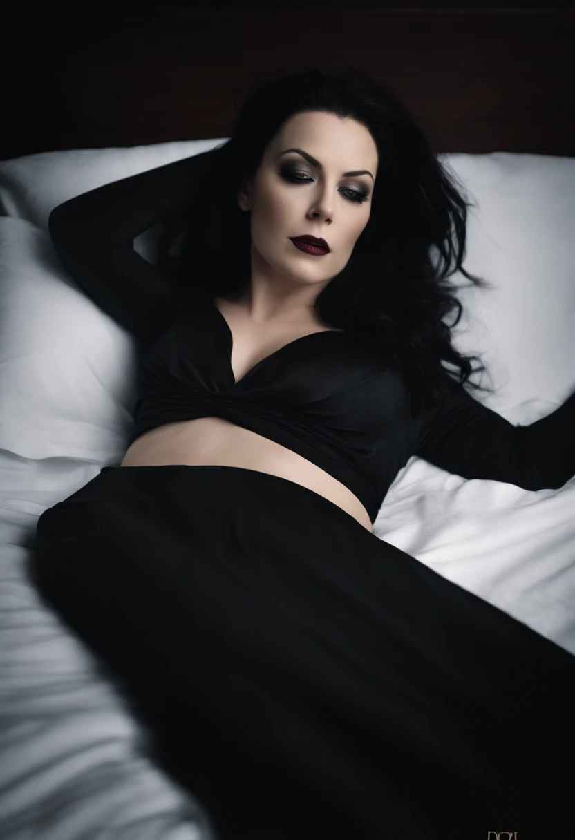 Amy Lee from Evanescence Band, porn, no bra, no underwear, nude, breasts, body, sex, vagina, photorealistic, (high definition skin: 1.2), pele branca, mulher, Arafed lying in bed with white sheets and black shirt, Evanescence, Morgana, still from a music video, youtube video screenshot, Olhos do quarto, deitado, olhar sedutor, she is laying on her back, deitado na cama, videoclipe, deitado na cama, deitada de costas em uma cama, Vampiro verde Eva bonita, ela tem os olhos cansados