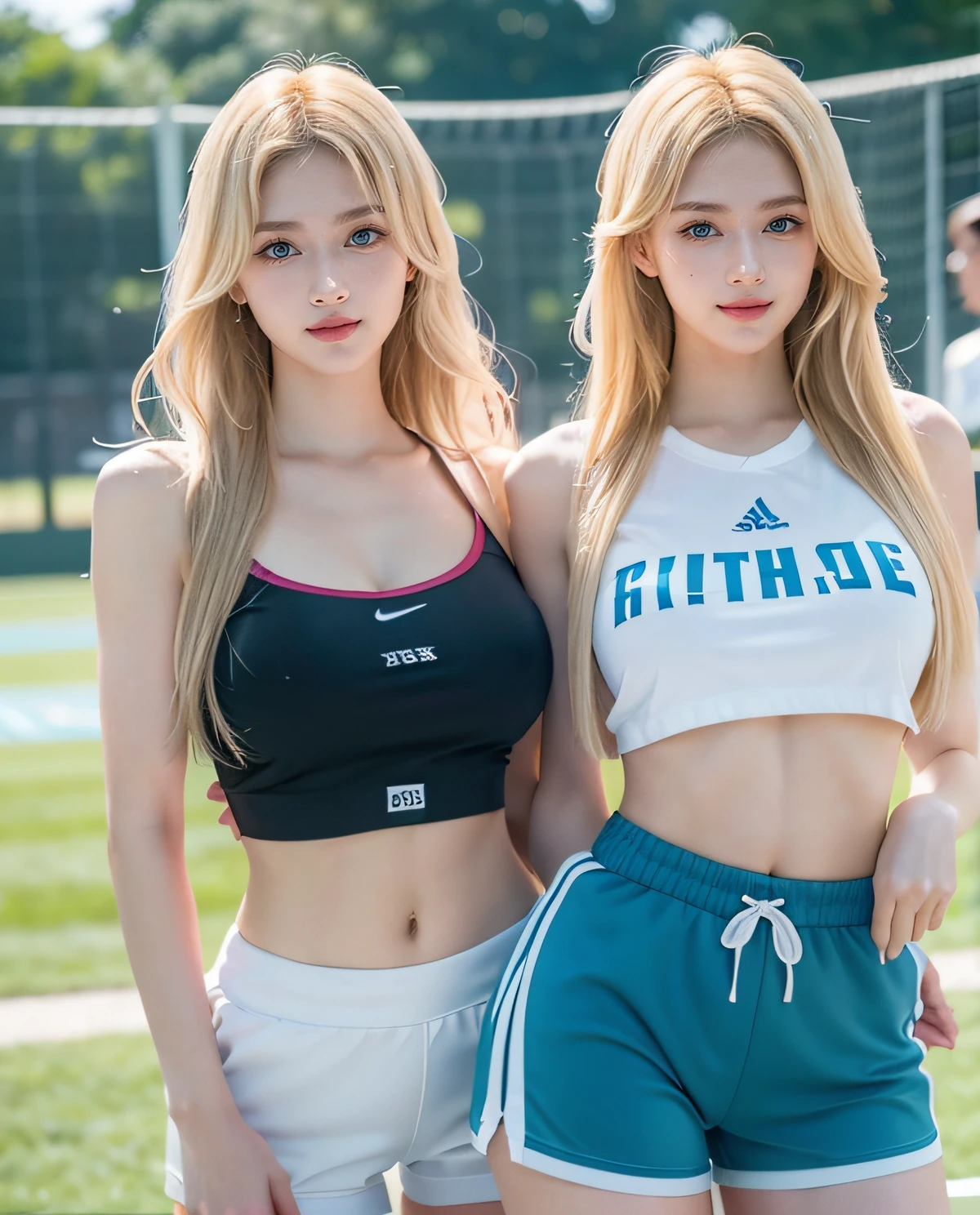 2girl, (Twins), Blue eyes, (smiling), (Sana Minatozaki), wide hips, Big Boobs, big ass, (Best Quality, 8k, Masterpiece: 1.3), perfect hands, Clear Focus: 1.2, Perfect Body Beauty: 1.4 , Slender Abs: 1.2, Highly detailed face and skin texture, detailed eyes, double eyelids, (blonde long hair), (sports top), (sexy sports shorts), sneakers, standing, in a gym, (with her twin sister :1.4), deep on field gym
