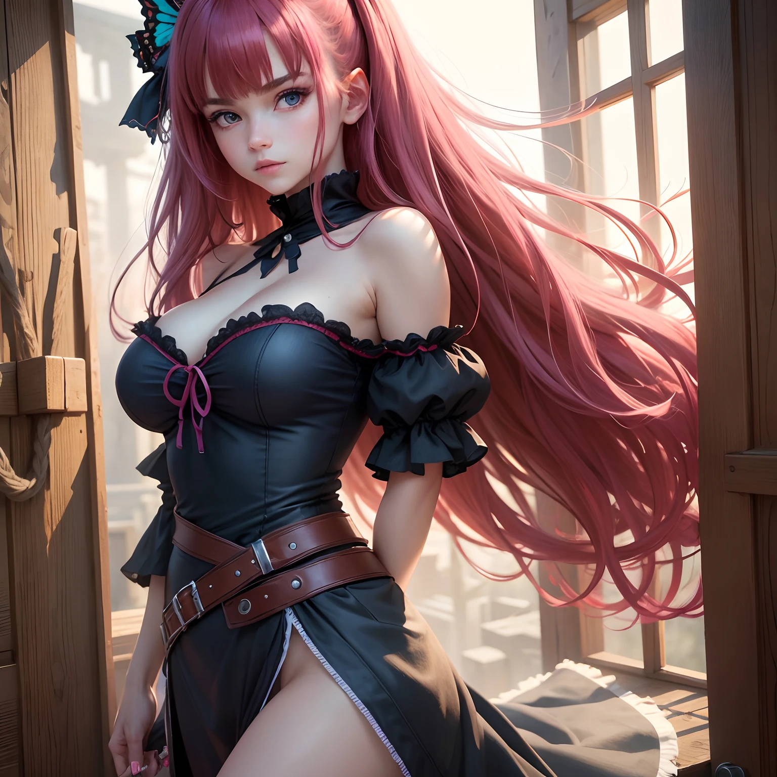 8k, masterpiece, best quality, realistic, higly detailed, cowboy shot, 1girl, solo, Nino, cute, cold-looking girl, waist-length straight hair, square bangs hanging over eyebrows, reddish-pink hair, twin butterfly-shaped ribbons on both sides of head, dark blue eyes, average height, well-endowed figure, large breasts, fashionable girl, various cute accessories, takes care of nails, Kindnesser
