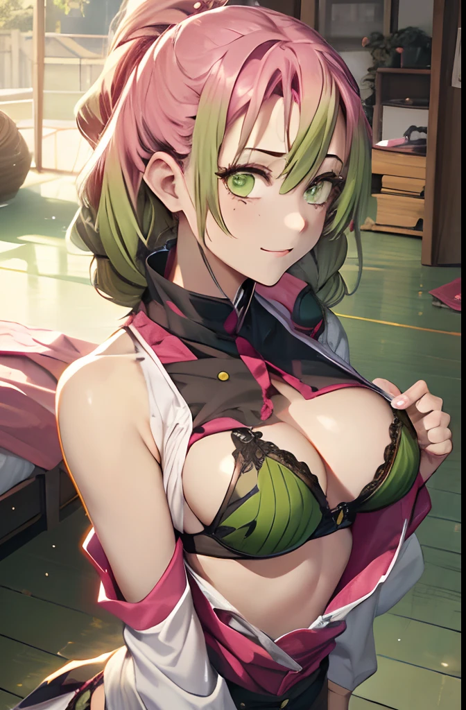 masutepiece, Mitsurikan Log, mitsuri kanroji, braid, Gradient Hair, (Green eyes:1.5), Green hair, Long hair, Mole, Mole under the eyes, multicolored hair, Pink hair, Twin braids, Two-tone hair, cleavage, BREAK looking at viewer, Break indoors, BREAK (masutepiece:1.2), Best Quality, High resolution, Unity 8k壁纸, (Illustration:0.8), (Beautiful detailed eyes:1.6), extra detailed face, Perfect Lighting, extremely details CG, (Perfect hands, Perfect Anatomy),colourful hair, The whole body is reflected, (Off-the-shoulder costumes:1.5), ((chest wide open and exposed)), (Smile), ((undergarment)), ((Torn clothes)), ((The bikini)), , ((Torn clothing)), on the beds, , The whole body is reflected,((Holding your chest with your hands)),((Open crotch)), Large stocks