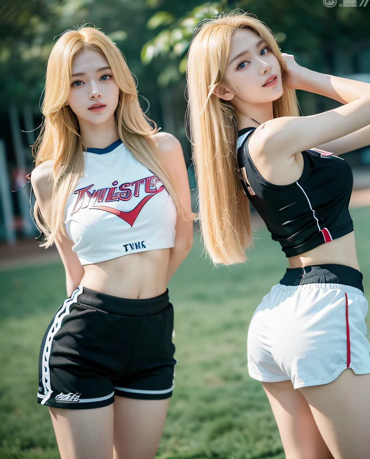 2girl, (Twins), Blue eyes, (smiling), (Sana Minatozaki), wide hips, Big Boobs, big ass, (Best Quality, 8k, Masterpiece: 1.3), perfect hands, Clear Focus: 1.2, Perfect Body Beauty: 1.4 , Slender Abs: 1.2, Highly detailed face and skin texture, detailed eyes, double eyelids, (blonde long hair), (sports top), (sexy sports shorts), sneakers, standing, in a gym, (with her twin sister :1.4), deep on field gym
