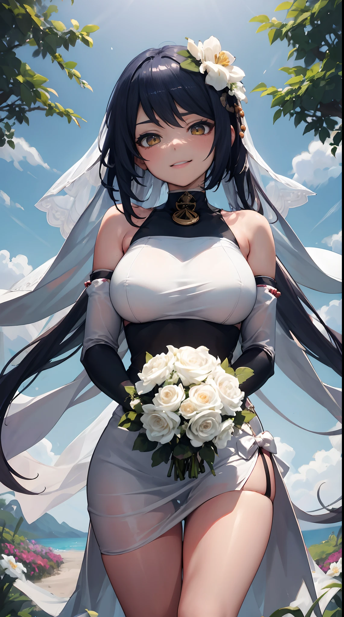 Kujou Sara | genshin impact, master-piece, bestquality, 1girls,25 years old, proportional body, proportional., Wedding Dresses, White Wedding Dress, Long skirt, wedding, ,bara, Standing in the middle of a flower garden, outdoor, wedding, The sky is beautiful, In a paradise of love and happiness.................................., The bride wears a Japanese dress and a seductive smile.................................., The passage of time stops at theirs.................................., On this wedding day of love and happiness.................................., Bright and beautiful flowers, Holding it in her hands symbolizes the envelopment of love.................................., Love and friendship through the transmission of flowers, In a paradise of love and happiness.................................., A bride in a yukata wearing a masika.................................., It is a form of beauty and elegance.................................., Show your spouse your heart................................., In a paradise of love and happiness.................................., Kochikugisa is the tree of new beginnings.................................., And their love and affection..............................., And suck a lot of love.................................., Flowers represent love and peace.................................., In a paradise of love and happiness.................................., View viewers from the front., Thigh strap, Head tilt, bored, 10, 10, HD, slight smile,