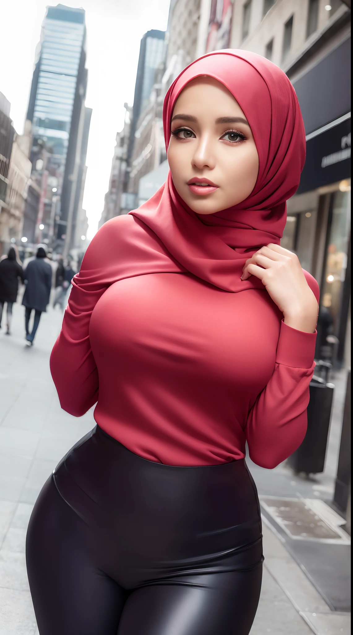 (masterpiece, best quality), beautiful woman, detailed long sleeves blouse, wear hijab head scarf, pants, perfect face, beautiful face, alluring, big gorgeous eyes, open mouth, happy, perfect slim fit body, (outdoor), city streets, new york, bright colors,
