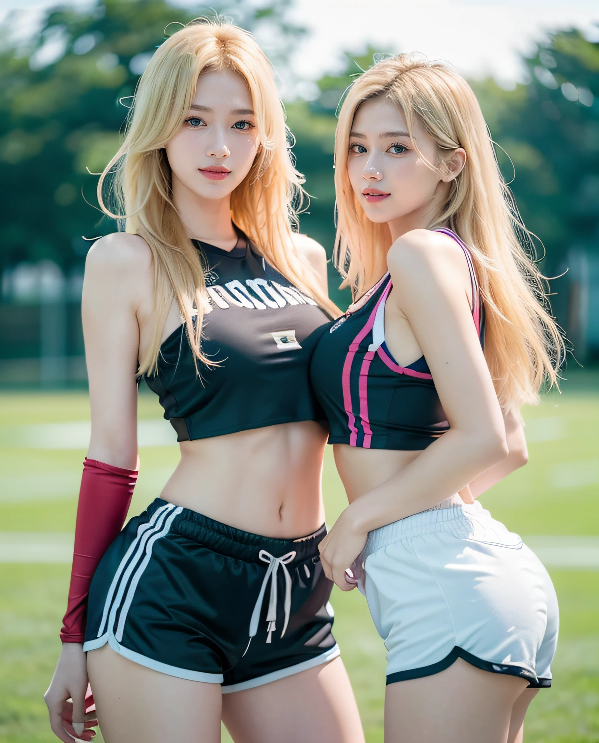2girl, (Twins), Blue eyes, (smiling), (Sana Minatozaki), wide hips, Big Boobs, big ass, (Best Quality, 8k, Masterpiece: 1.3), perfect hands, Clear Focus: 1.2, Perfect Body Beauty: 1.4 , Slender Abs: 1.2, Highly detailed face and skin texture, detailed eyes, double eyelids, (blonde long hair), (sports top), (sexy sports shorts), sneakers, standing, in a gym, (with her twin sister :1.4), deep on field gym