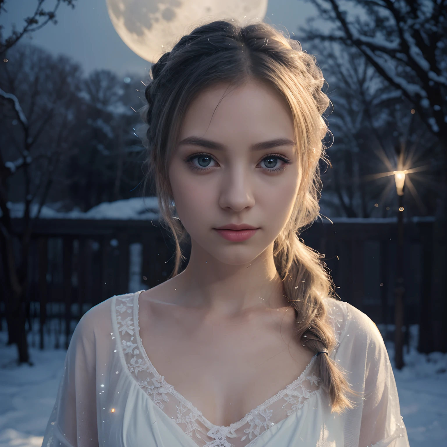 Masterpiece, (Best Quality: 1.2), (super fine: 1.2), illustartion, (extremely delicate and beautiful: 1.2), Film angle, Floating, (Beautiful eye detail: 1.1), (Detail Light: 1.1), Film lights, Gentle Sky, The woman, white colored hair, blue eyes, (high ponytail: 1.1), cloak, glowing eyes, (luna: 1.2), (moon light: 1.1), Starry sky, (light particles: 1.1), mist , Painting with snow, drawing, blooming