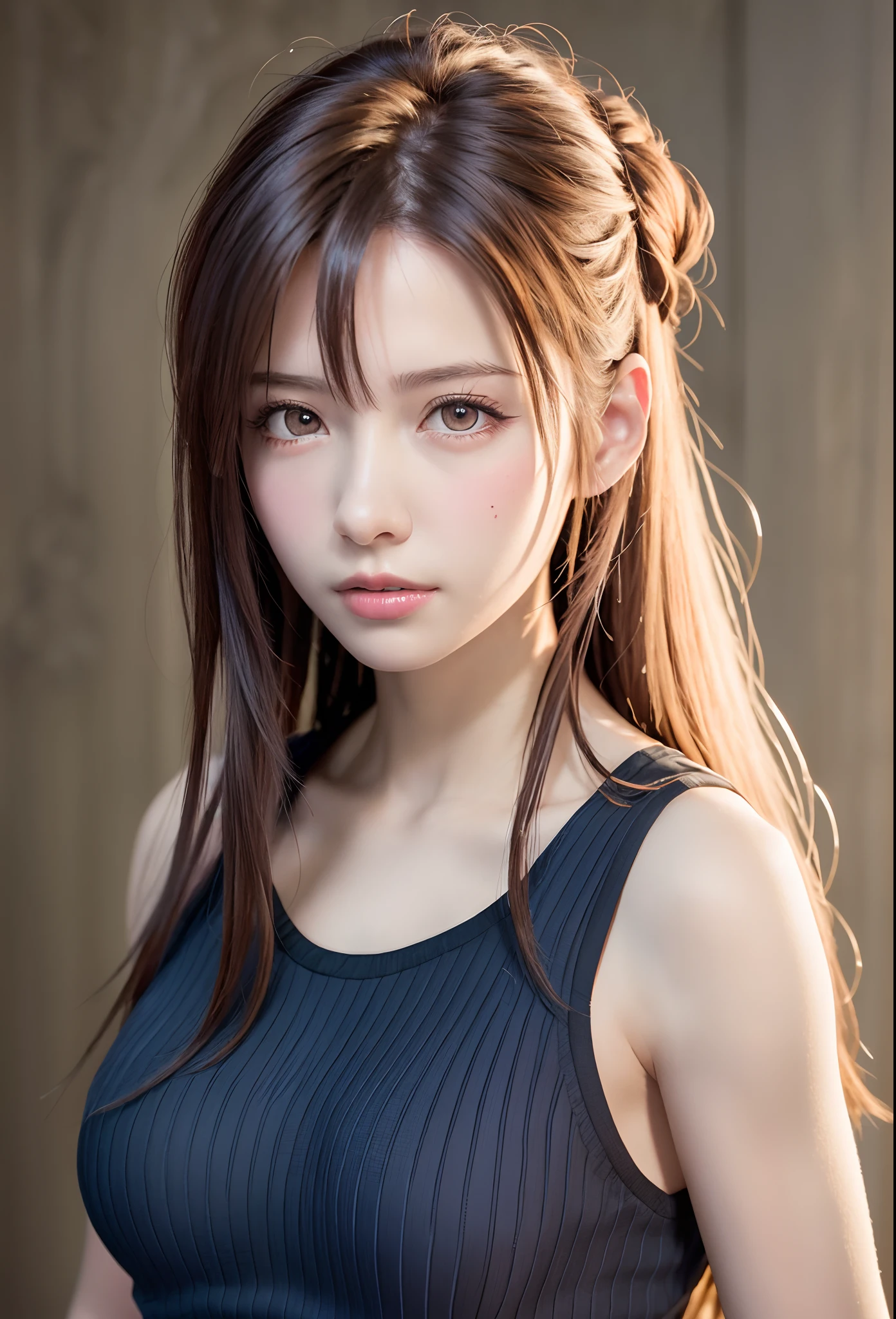 high quality picture, masutepiece, detailed hair texture, Detailed skin texture, Detailed Cloth Texture, 8K, Add fabric details, ultra detailed skin texture, ultra detailed photographic, Skin pores, Portrait of a girl, wearing tank top,