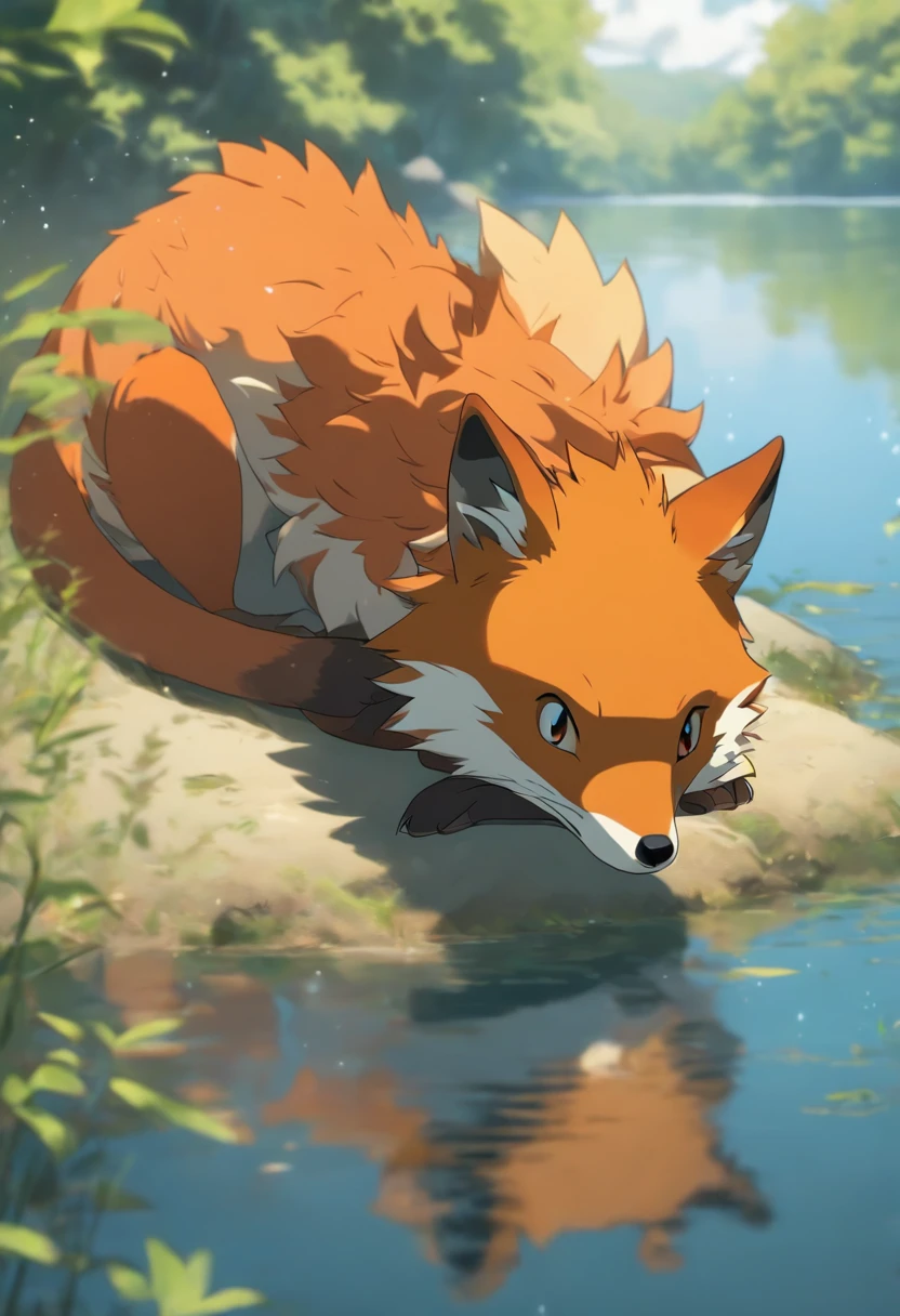 renard roux au bord d'un lac avec une tortue