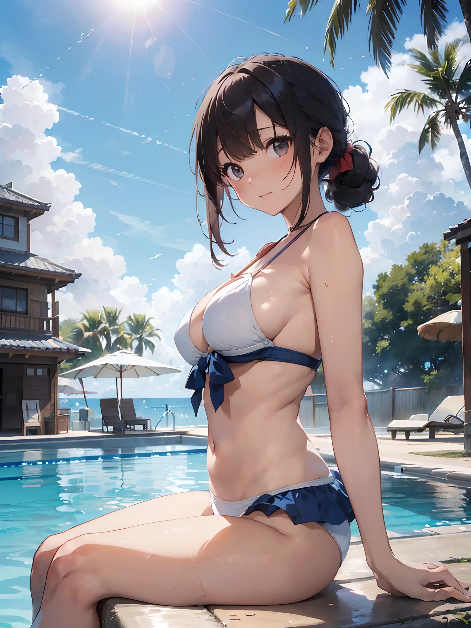 top-quality、masterpiece、(1 adult female:1.3)、(Soft bust:1.2)、Anime style、natural(huge tit)、Chest thrusting pose、(View landscape:1.1)、Seen from the side、sitting on、(Kamimei)、(Thin and simple white bikini swimsuit)、Brown hair、(Hair is tied back)、(Hair fluttering in the wind:1.3)、Dark blue eyes、(Highlights in the eyes)、(Look at viewers:1.2)、de pele branca、red blush、A slight smil、(Blue summer sky:1.3)、1 contrail、(Avoid the background around the upper body:1.3)、(Blur the background a lot to make the woman stand out:1.3)、(Beautiful background by the pool on the beach:1.3)、(Beautiful summer flowers)、diffuse sunlight