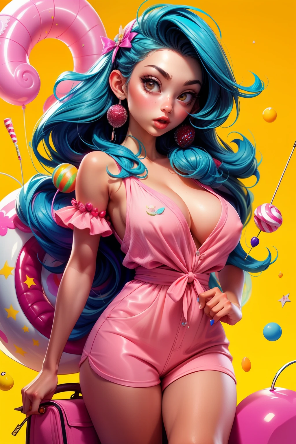 high quality, masterpiece, mouna sucking candies, sour candy, sweets, sucking lollipops, sprinkles, berries, showing clevage, nipple poke,