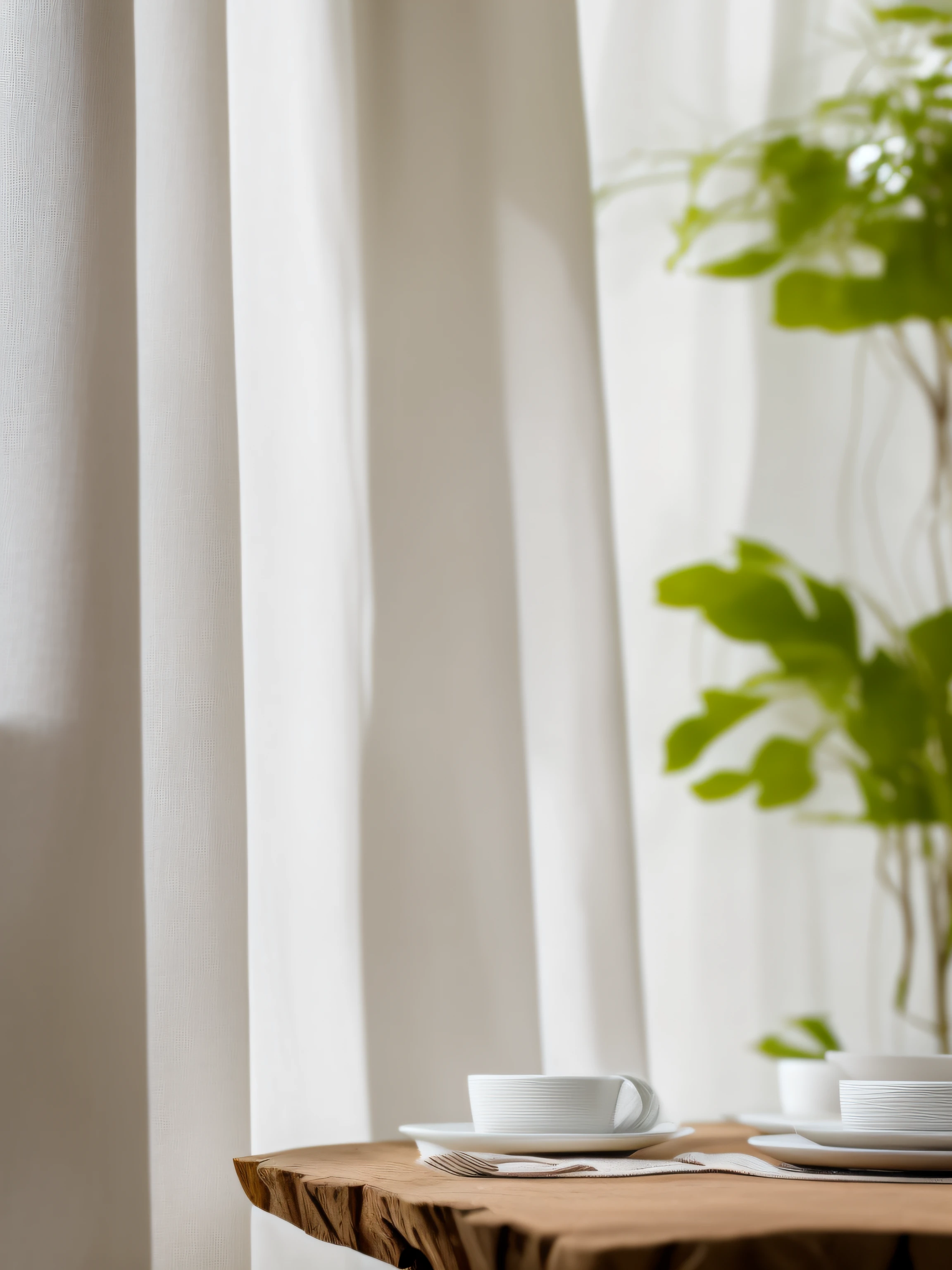 Landscapes，,Front open windows,White curtains flutter in the wind,White marble table,There are no things on the table, with natural light as a background, Warm tones,Light and shadow are intense,Afternoon sun, Sunny morning light, summer morning, high quality product photography, Author：Eva Frank