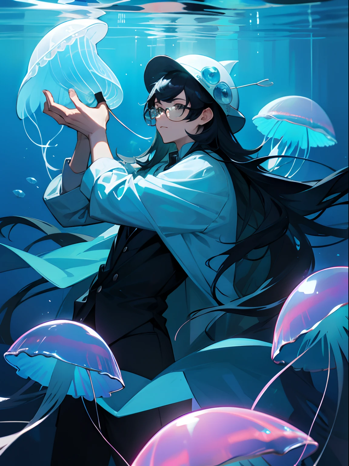 1guy, buffed, jellyfish hat, glasses, long hair, ((High Quality)), under the ocean, holding a Jellyfish, blue and black hair