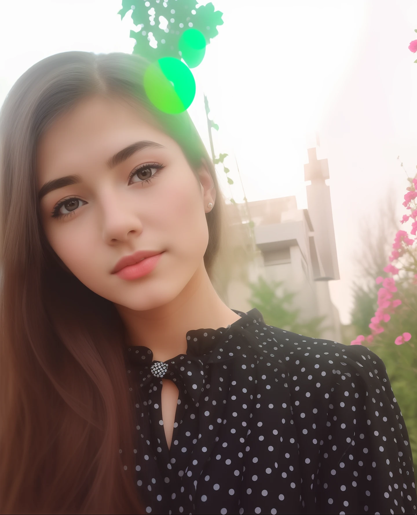 there is a woman with long hair and a black polka dot dress, very beautiful girl, with accurate face, 18 years old, attractive girl, 19-year-old girl, beuatiful face, beutiful face, very very low quality picture, candid picture, 1 6 *********, profile pic, with lovely look, portait photo profile picture