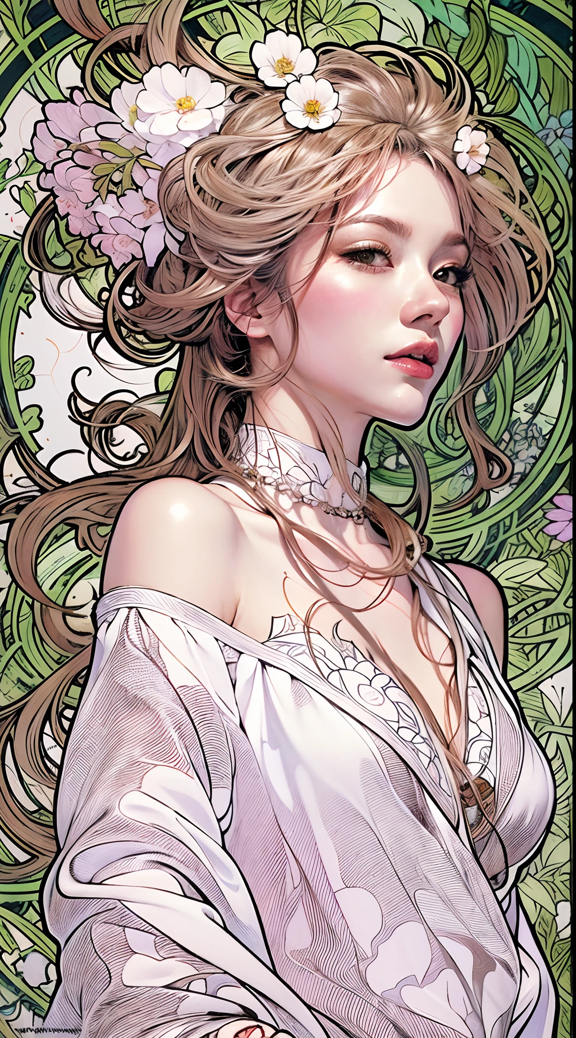 tface portrait of an absurdly beautiful, graceful, elegant,, fashionable young teen with white petals in her hair, an ultrafine hyperdetailed illustration by kim jung gi, irakli nadar, by alphonse mucha, ayami kojima, amano, greg hildebrandt, and mark brooks, female, feminine, intricate linework,