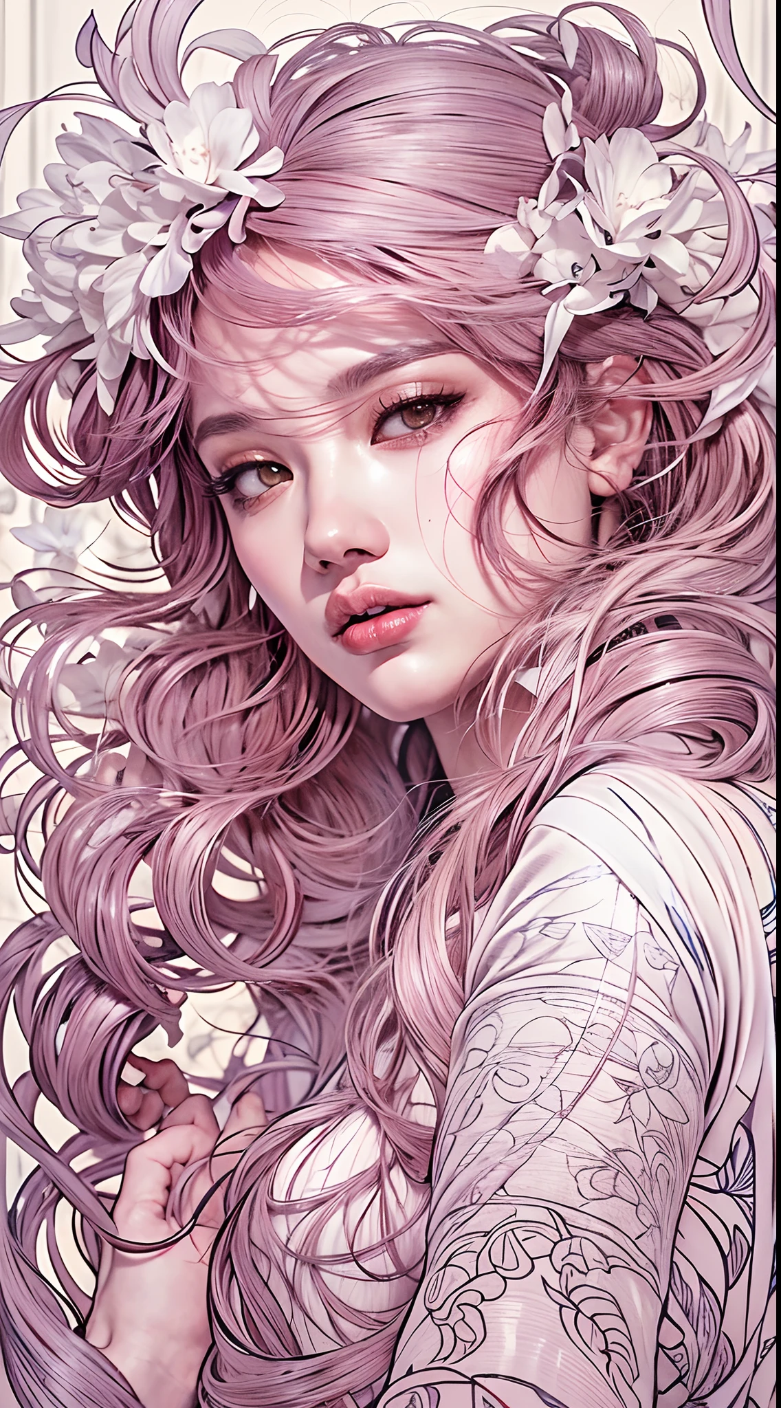 tface portrait of an absurdly beautiful, graceful, elegant,, fashionable young teen with white petals in her hair, an ultrafine hyperdetailed illustration by kim jung gi, irakli nadar, by alphonse mucha, ayami kojima, amano, greg hildebrandt, and mark brooks, female, feminine, intricate linework,