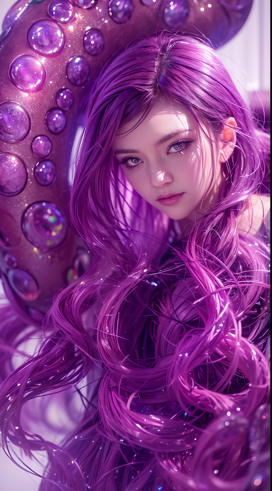 (high quality, 4k, ultra-detailed), (portrait:1.1), (realistic:1.37), (HDR), (studio lighting), (bokeh), (vivid colors), (physically-based rendering), (extreme detail description), artstation, young teen, purple eyes, tentacles on her head, fury, glass town, high contrast