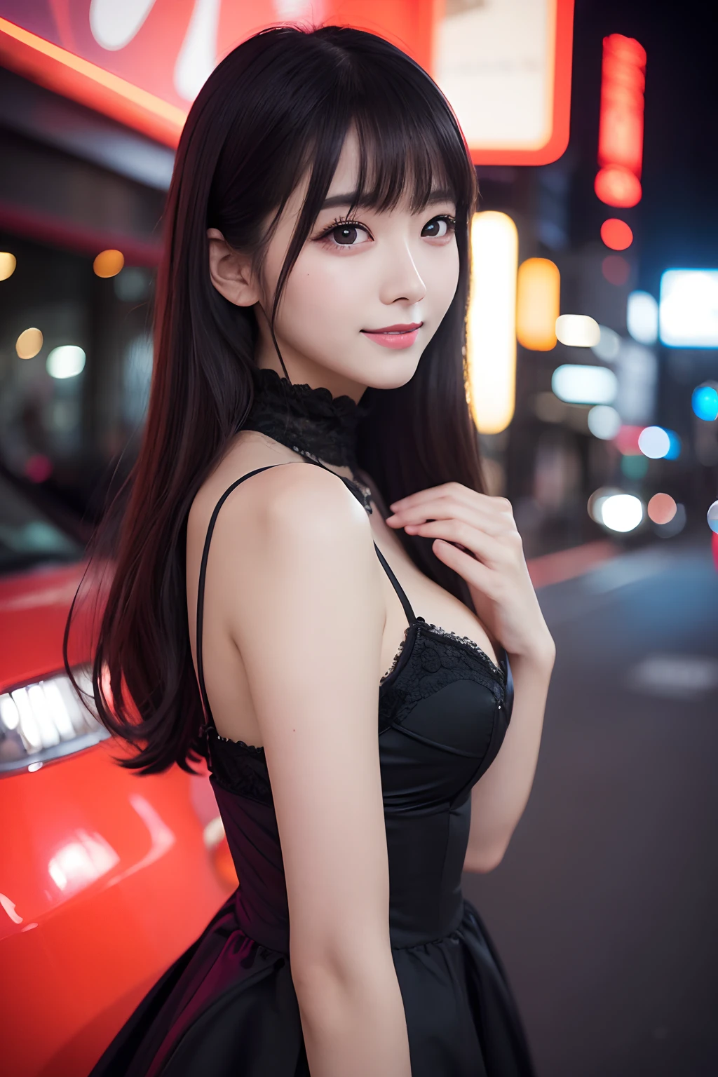 Best Quality Detail:1.2, realisitic, 8K UHD, hight resolution, 1girl in:1.2, The ultra-detailliert, High quality textures, intricate detailes, detaileds, Very detailed CG, High quality shadows, Detail Beautiful delicate face, Detail Beautiful delicate eyes, depth of fields, Ray traching, Women over 24 years old, Pretty Kpop Girl, Korean Urzan Face:1.1, Slender face, ulzzang -6500-v1.1:0.6, pureerosface_v1, gloweyes, teak, Glossy lips, perfectbody、Enchanted look、((a smile))、cleavage of the breast、doress、Gothic lolita、Hostess、facing back、Photorealsitic:1.4, ultra-detailliert, photos realistic, Full Color RAW Photos, Fuji Film(Medium format:1.2), Incredible dynamic range photography(UTIL_Art by Smoose-768:1.1), hight resolution, High pixel count, clear details, crisp image, Natural color reproduction, Noise Reduction, High fidelity, qulity, Software Improvements, Upscaling, Optimized algorithms, Pro-level retouching、(((Shibuya、Night city、Cabaret Club)))
