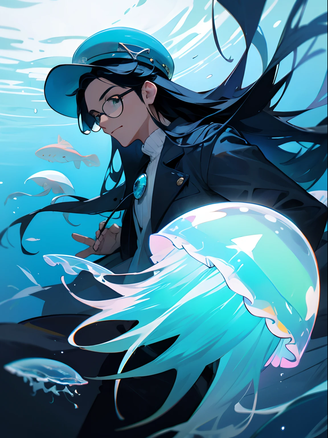 1guy, buffed, jellyfish hat, glasses, long hair, ((High Quality)), under the ocean, holding a Jellyfish, blue and black hair