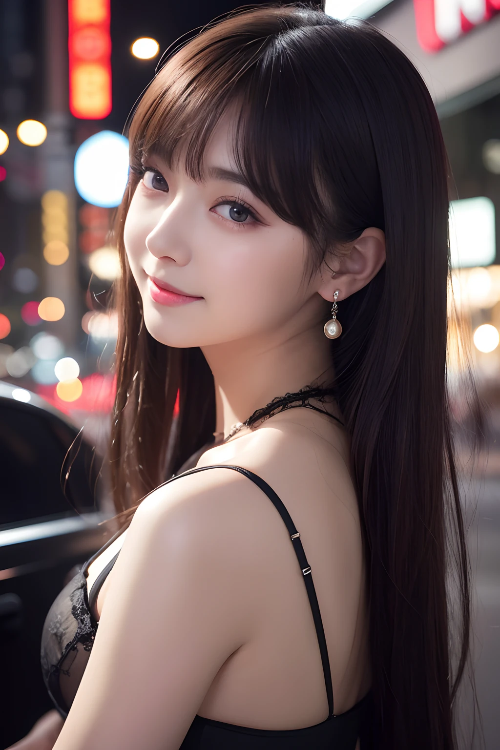 Best Quality Detail:1.2, realisitic, 8K UHD, hight resolution, 1girl in:1.2, The ultra-detailliert, High quality textures, intricate detailes, detaileds, Very detailed CG, High quality shadows, Detail Beautiful delicate face, Detail Beautiful delicate eyes, depth of fields, Ray traching, Women over 24 years old, Pretty Kpop Girl, Korean Urzan Face:1.1, Slender face, ulzzang -6500-v1.1:0.6, pureerosface_v1, gloweyes, teak, Glossy lips, perfectbody、Enchanted look、((a smile))、cleavage of the breast、doress、Gothic ta、Hostess、facing back、Photorealsitic:1.4, ultra-detailliert, photos realistic, Full Color RAW Photos, Fuji Film(Medium format:1.2), Incredible dynamic range photography(UTIL_Art by Smoose-768:1.1), hight resolution, High pixel count, clear details, crisp image, Natural color reproduction, Noise Reduction, High fidelity, qulity, Software Improvements, Upscaling, Optimized algorithms, Pro-level retouching、(((Shibuya、Night city、Cabaret Club)))