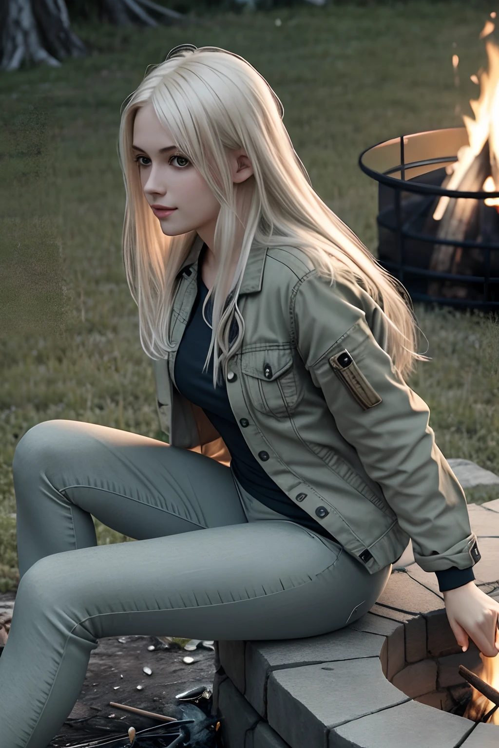 1girl in, age19, Solo, Aesthetic artwork, platinum blonde hair, long straight hair, detailed hair, full c cup breasts, c-cup, slender body, Full body, detailed skin texture, cute smile, side profile, sitting around a campfire, late afternoon campfire, wearing green khaki jacket, light green jacket, wearing white undershirt, gray leggings, faded grey pants, (extremely detailed 8k wallpaper), soft lighting, high quality, film grain, Fujifilm XT3 sharp focus, f 5.6, 50mm, High Detail, Sharp focus,(fire light), (seductive), Realistic, ultra realistic, photo realistic