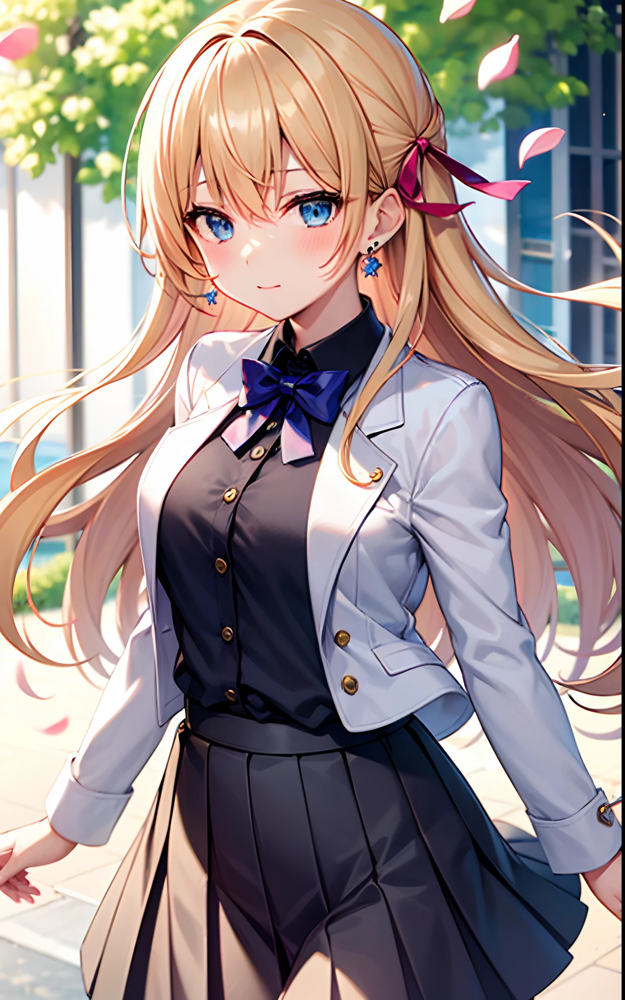 1girl, solo, blue eyes, long hair, looking at viewer, blonde hair, outdoors, flower, skirt, petals, pleated skirt, long sleeves, earrings, jewelry, shirt, bow, jacket, white jacket, black skirt, bangs, pink flower, blush, day, open clothes, bowtie, closed mouth, collared shirt, open jacket, standing, hair ribbon, floating hair, black shirt, blue bowtie, cowboy shot