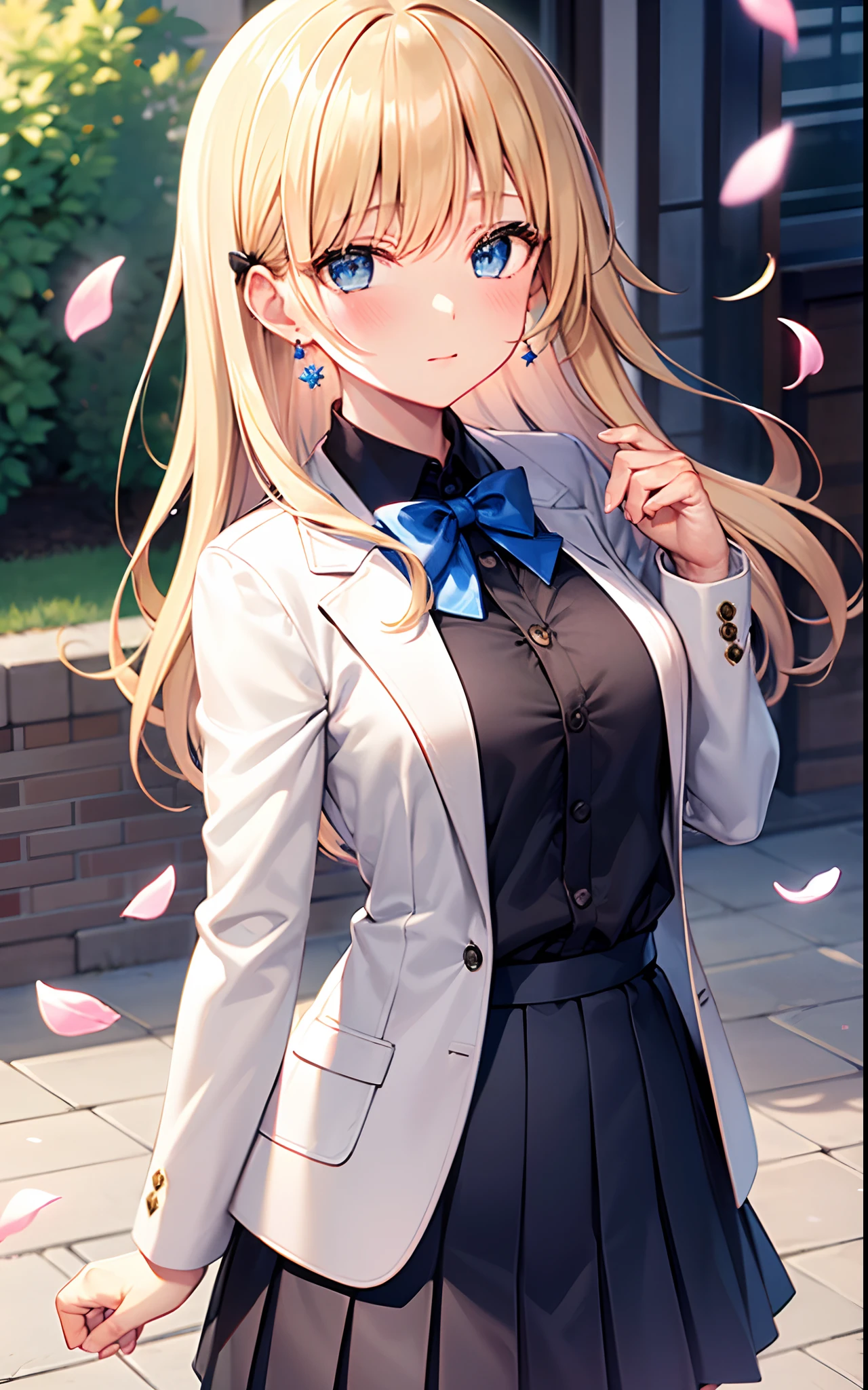 1girl, solo, blue eyes, long hair, looking at viewer, blonde hair, outdoors, flower, skirt, petals, pleated skirt, long sleeves, earrings, jewelry, shirt, bow, jacket, white jacket, black skirt, bangs, pink flower, blush, day, open clothes, bowtie, closed mouth, collared shirt, open jacket, standing, hair ribbon, floating hair, black shirt, blue bowtie, cowboy shot