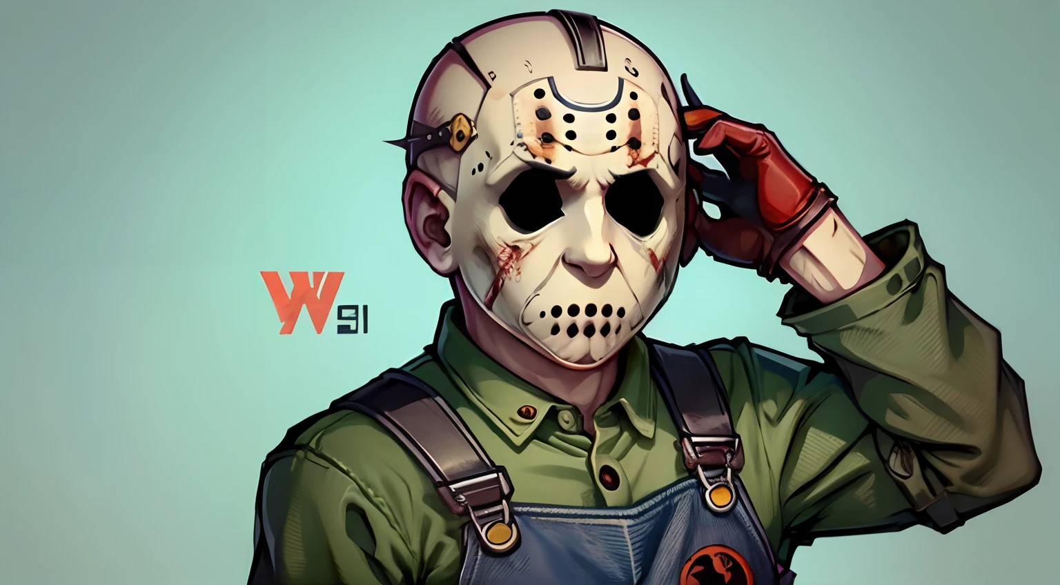 estilo de adesivo, Jason Voorhees personagem de Sexta-Feira 13,sem cabelo, Wearing mechanical overalls, segurando uma faca,com cores vibrantes