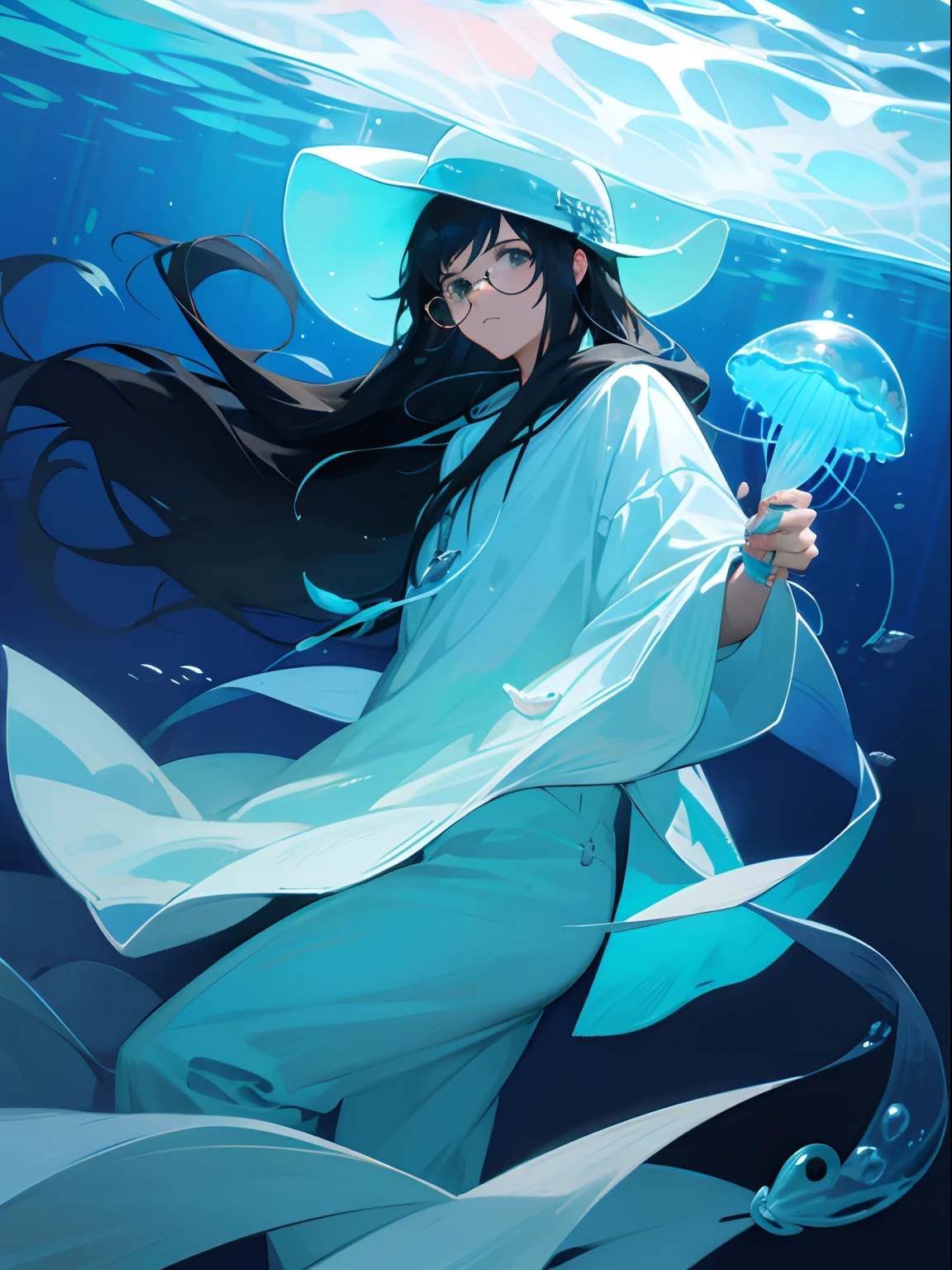 1guy, buffed, jellyfish hat, glasses, long hair, ((High Quality)), under the ocean, holding a Jellyfish, blue and black hair
