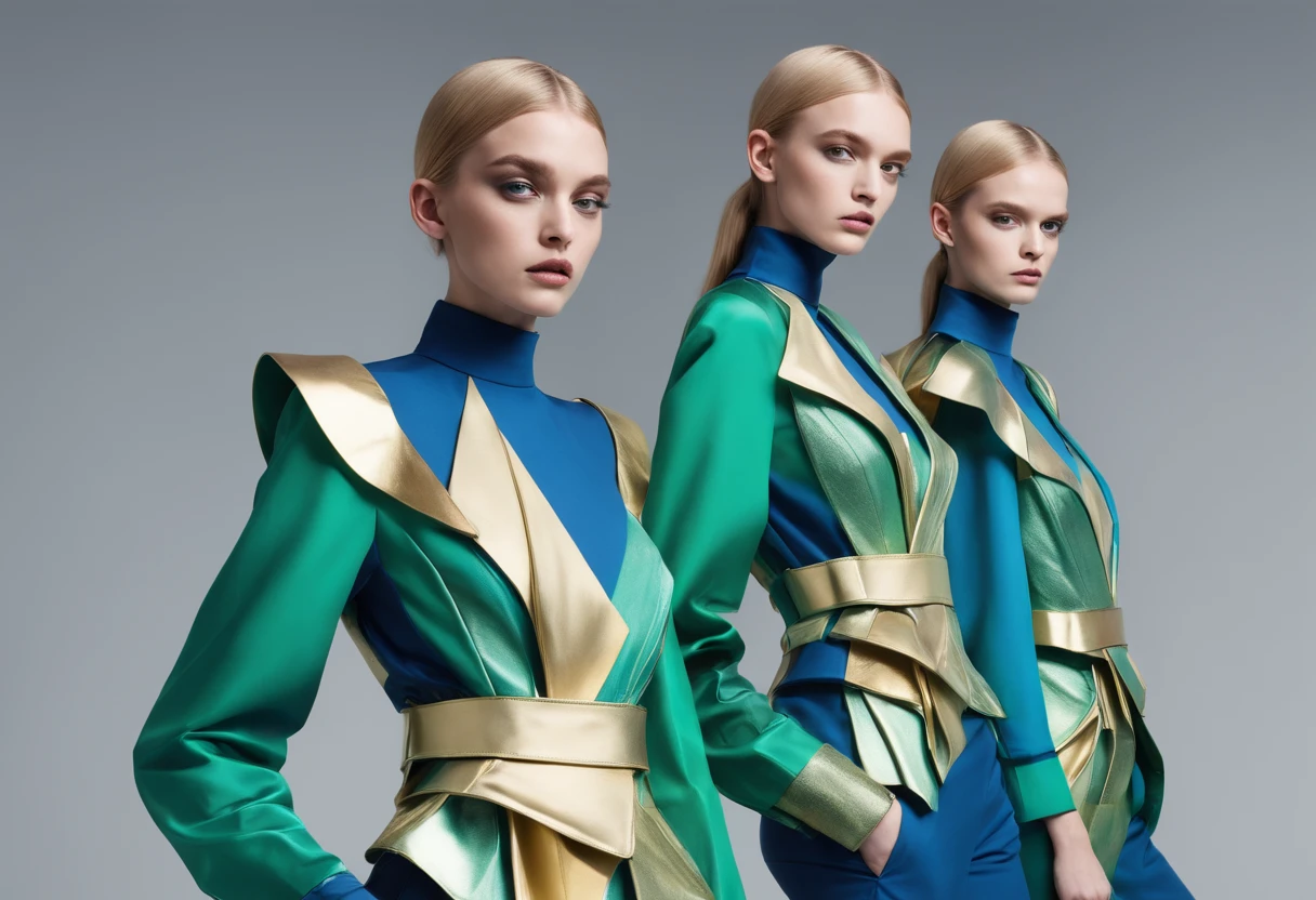 Create me three people who are wearing an avant-garde and futuristic garment with a lot of volume in the garments, that has blue, green gold, silver colors and that has superpositioned geometric parts and tailoring