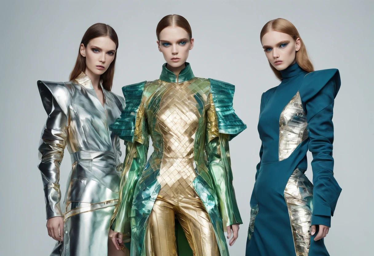 Close up of three four-feet tall future humans with delicate physique, slender limbs, weak faces, large eyes, small ears, small mouths. Soft pale skin. Curly white hair, Androgynous, raspberry/orange-coloured robes or tunics standing inside a vast palace-like futuristic structure in a state of decay, covered with a lush garden