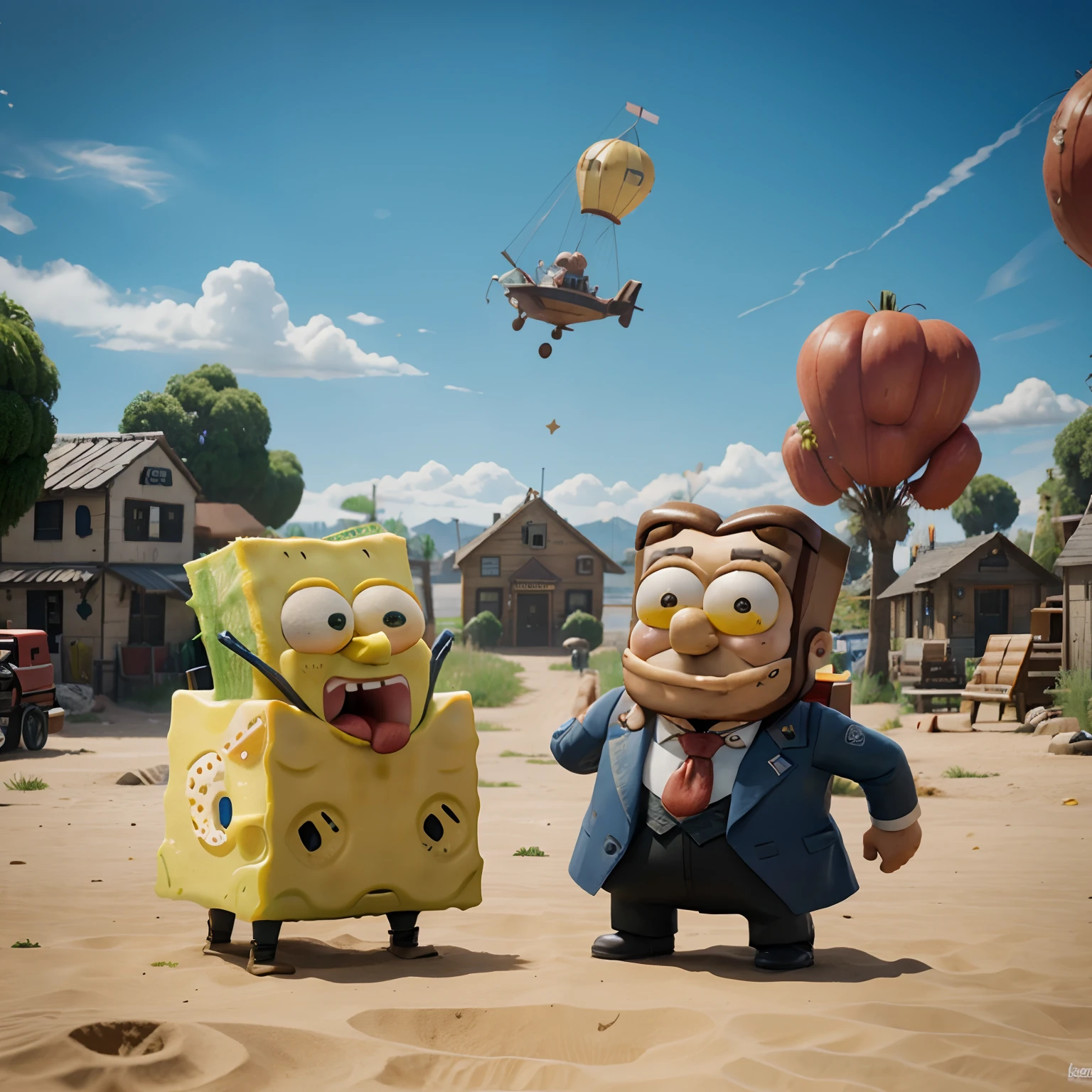 Spongebob Patrick and Abraham Lincoln hanging out in tomato town from fortnite