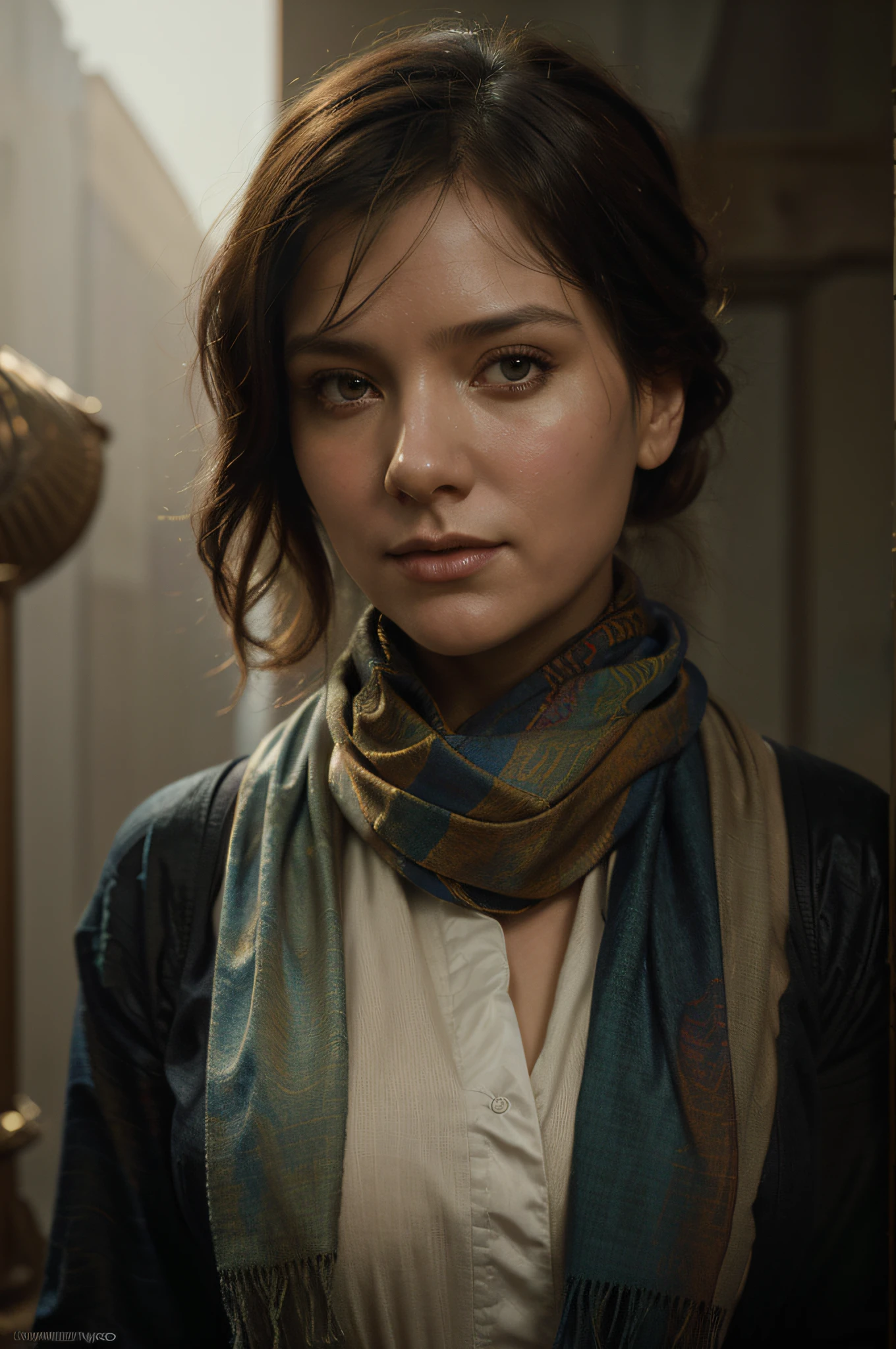 a painting of a woman with a scarf on her neck, craig mullins alphonse mucha, artgerm craig mullins, beautiful character painting, rhads and lois van baarle, artgerm and atey ghailan, charlie bowater rich deep colors, ross tran 8 k, ( ( mads berg ) ), artgerm and craig mullins