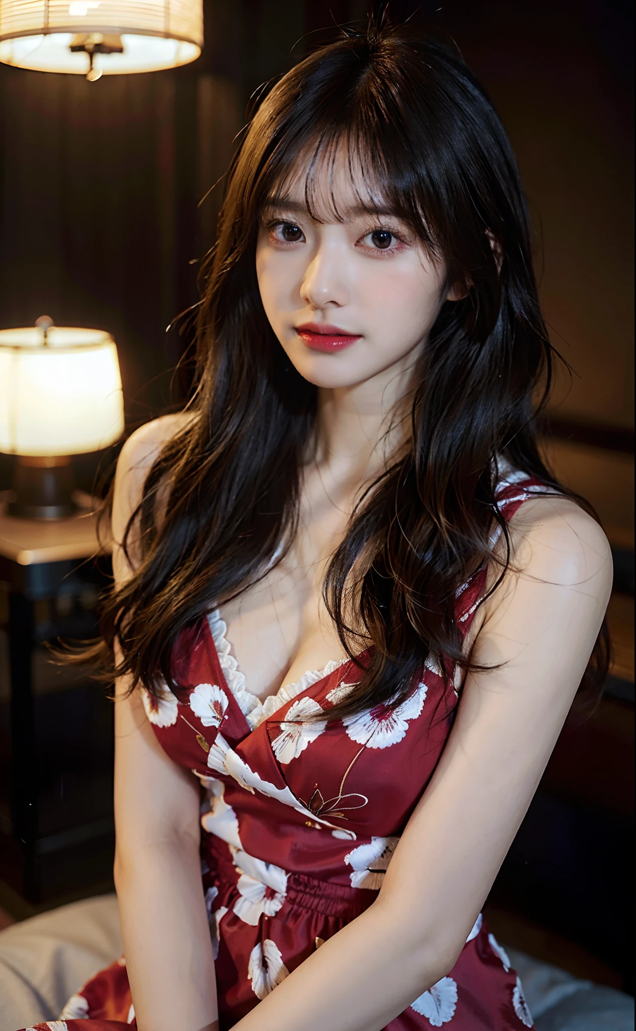 Woman with large breasts, long hair realistic, Japanese Idol, vivid image, masterpiece, (best quality: 1.2), ultra-detailed, realistic, high definition, high quality, cinematic light, ray tracing, ultra high res, UHD, (photorealistic: 1.5), Feather fabric sexy nightwear, intricate details, detailed texture, finely detailed, high quality shadow