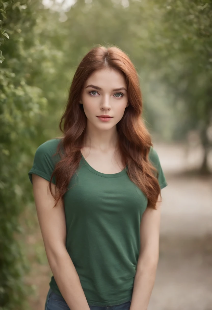 Une jeune femme rousse aux yeux verts, ultra realistic, in a dress with a cap