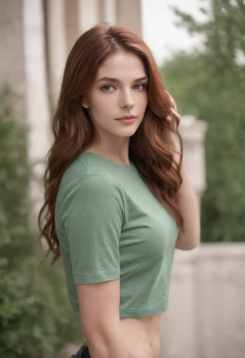 Full body Photograph of a tall, athletic, 18 year old girl, (toned physique) , long wavy red-Brown hair, green eyes, (cropped tee shirt) , abs, underboob, Sparkling and beautiful eyes, Symmetrical beautiful face, Cute and innocent face, without makeup, Unadorned, film grain, Dreamy photos, Concept photo, Emotional photography, Film Photography, photograph realistic, realisitic, Sharp focus, 14K, highly detaild, CG Society, ultra-definition, Very fine grain, Dusty photos, Grain Filter