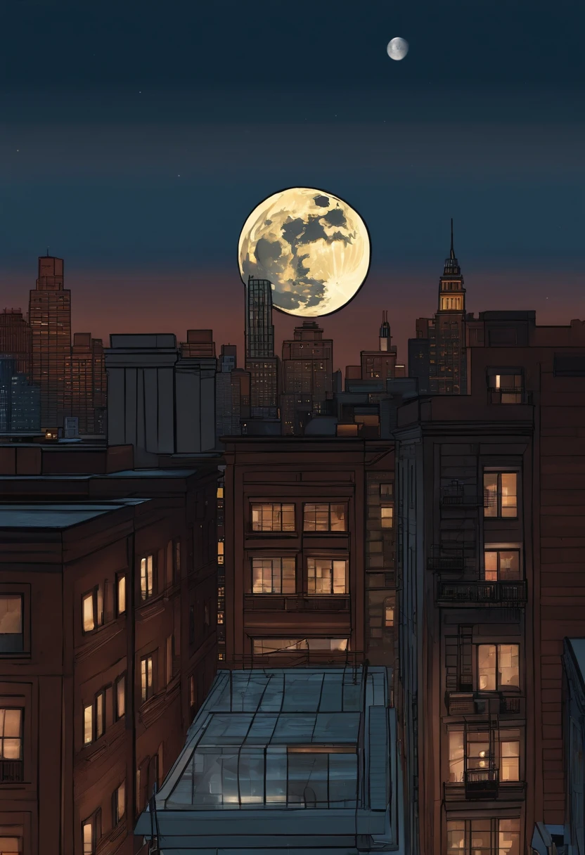 in 2d perspective, A rooftop view of the city with a full moon overhead. New York, the edge of the building, looking out over the city. At B's door&b,45-degree shooting,the sideview,Realiy.}