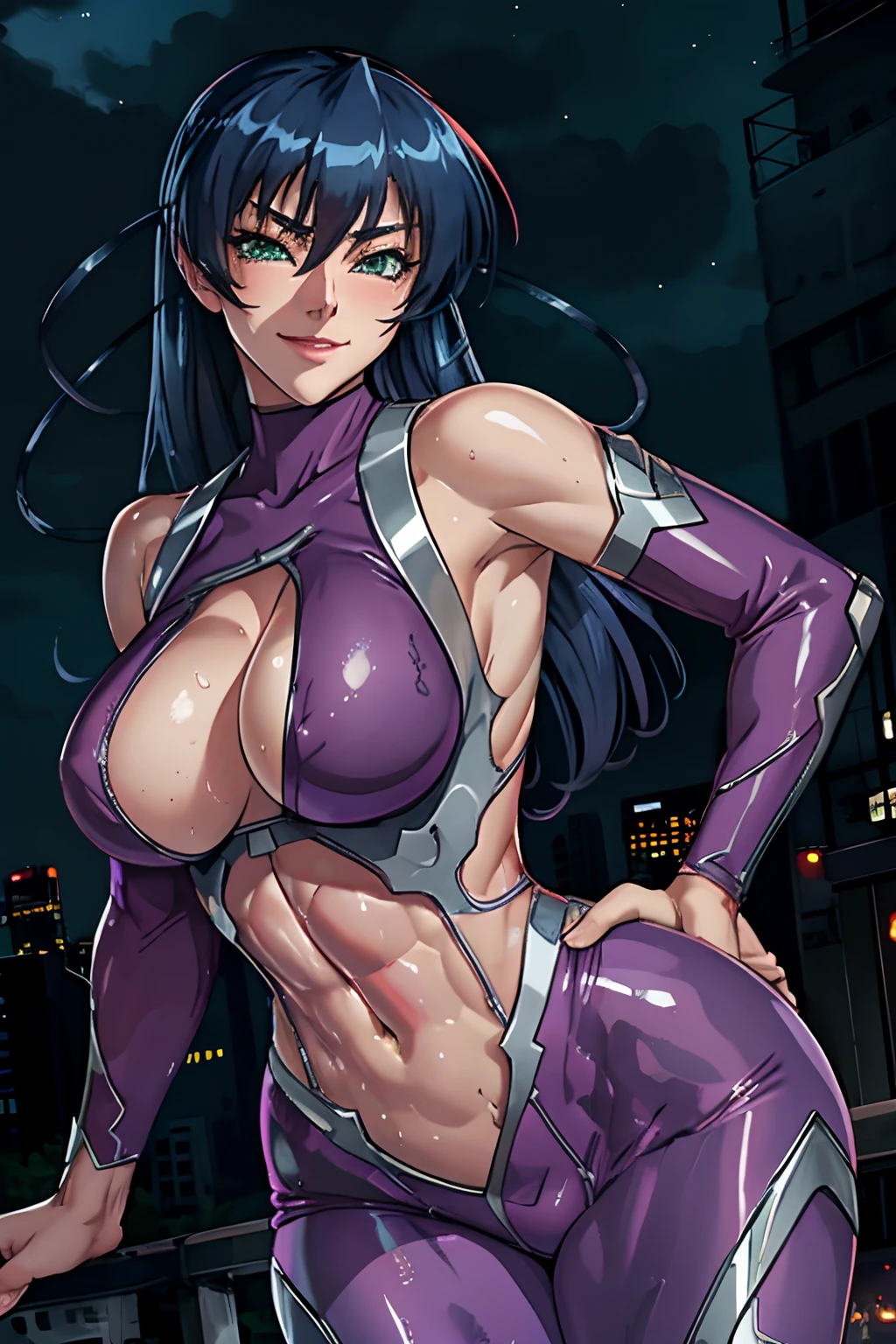 masterpiece, best quality, asagi, 1girl, breasts, solo, sweat, purple bodysuit, large breasts, cleavage, smile, (abs:1.5), toned, looking at viewer, hand on hip, blush, huge breasts, blue hair, long hair, bangs, hair between eyes, green eyes, night, battle scene, muscular