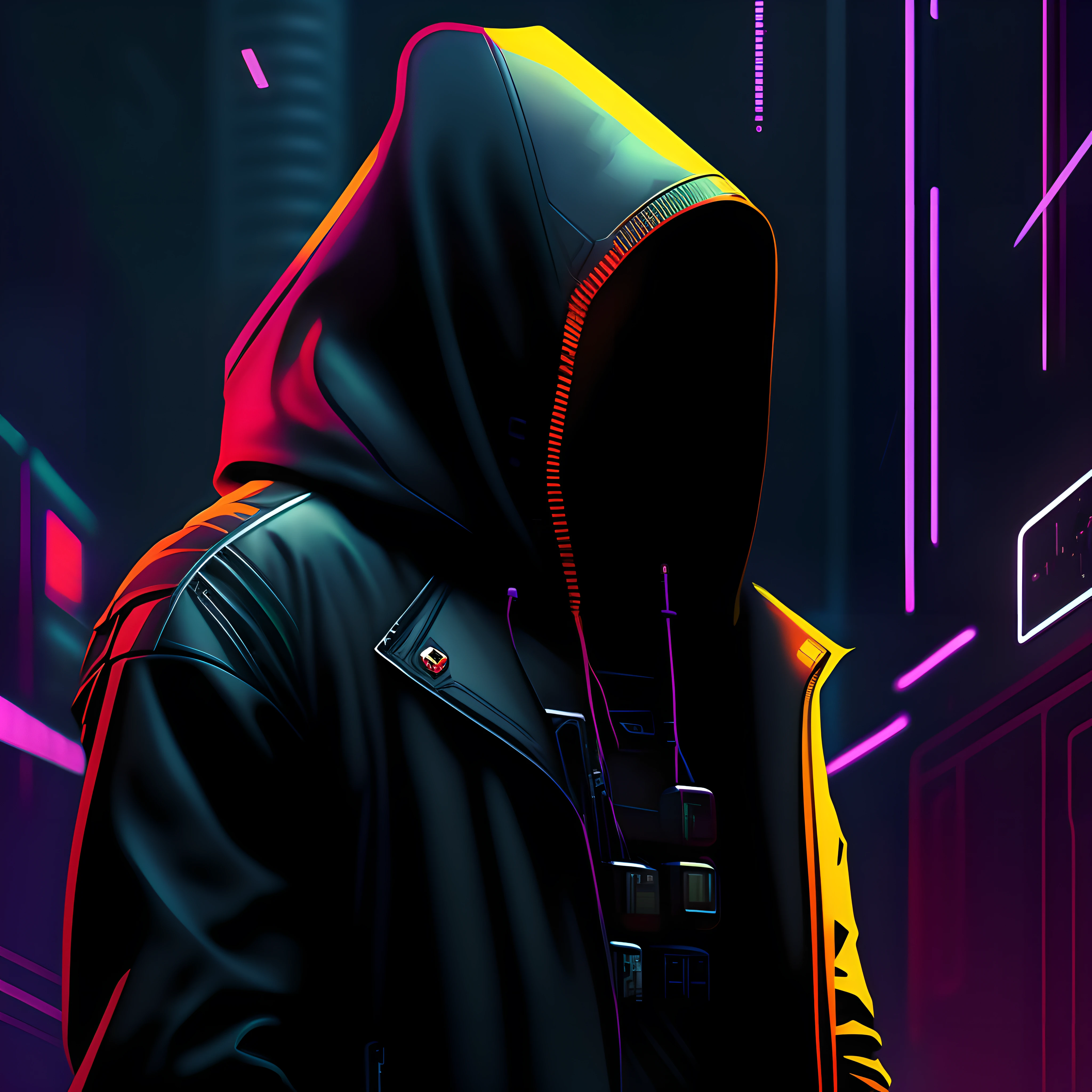 a hooded man holding an apple in front of a dark background, hacker cyberpunk, Cybernetic style, darksynth cyberpunk, estilo cyberpunk horror, dark cyberpunk illustration, arte digital cyberpunk, cyber noir, hacker, cyberpunk sombrio, foto de perfil 1024px, cyber aesthetic, figura encapuzada surreal, tem estilo cyberpunk, estilo de arte cyberpunk, evil artificial intelligence --auto