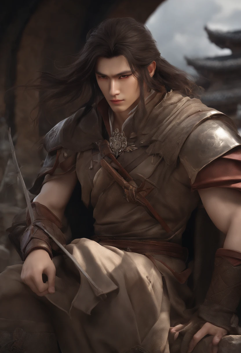 (Best Quality, 8k, Masterpiece :1.3), handsome young man with perfect figure and long hair :1.4, Zhong Li, Zhongli, Dark brown hair, inflated chest, genshin impact, on ruins, in the hands of a spear, Very detailed face and skin, Detailed eyes, Double eyelid