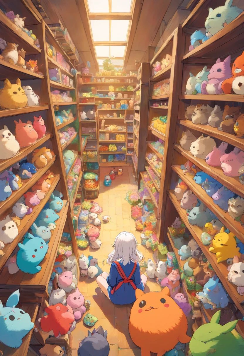 (masterpiece, best quality),1girl with long white hair sitting in a field of(masterpiece, best quality), (colorful:1.4), from above, solo, 1girl standing in a store with lots of stuffed animals on the shelves and a bag of stuff, depth of field, fisheye lens