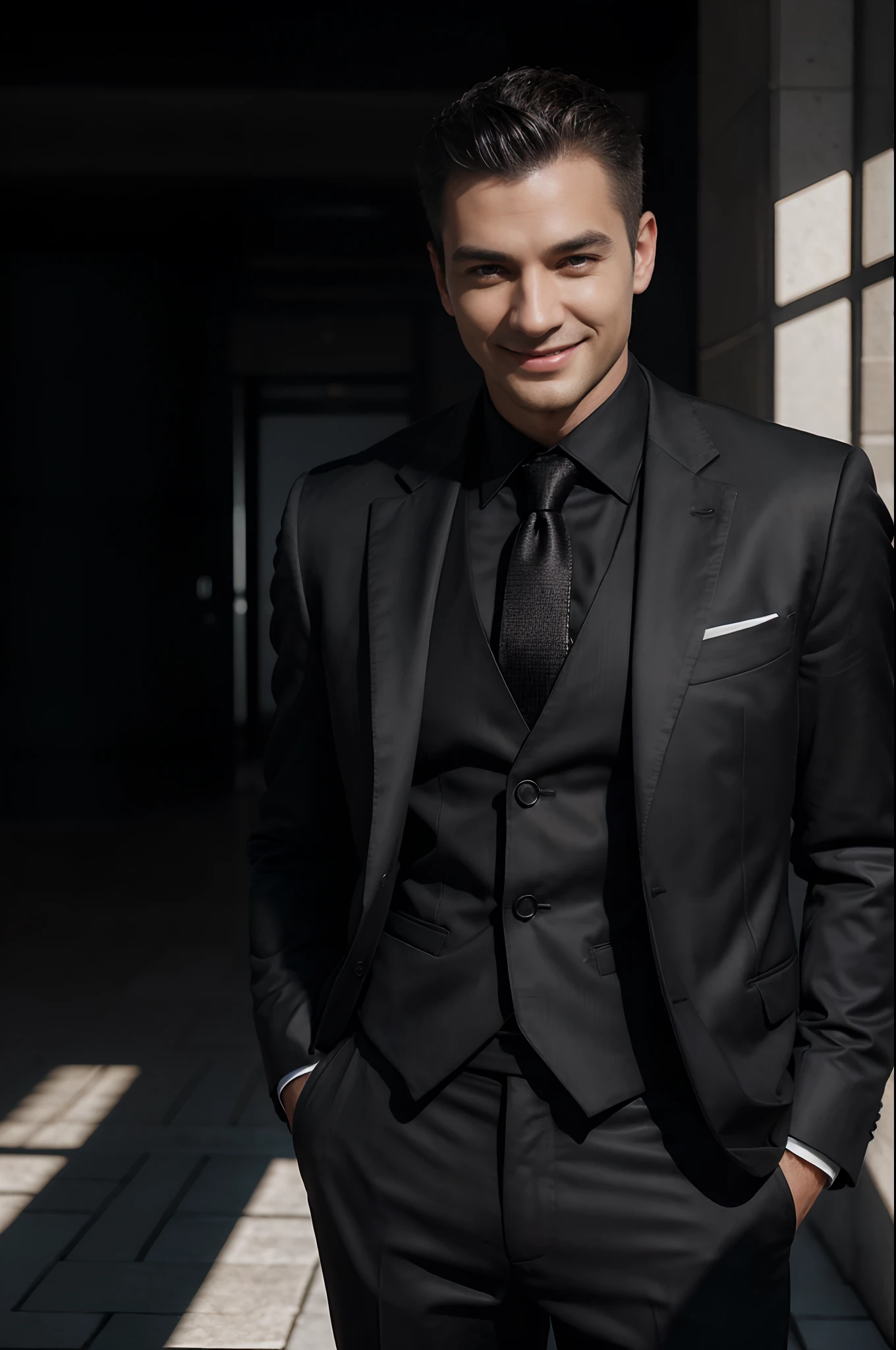 1male people,((hyperrealistic detailed)), Black suit and black pants,white  shirt,a smile,Black eyes,portlate, globalillumination, Shadow, octan render, 8k, ultrasharp,metal,Convoluted